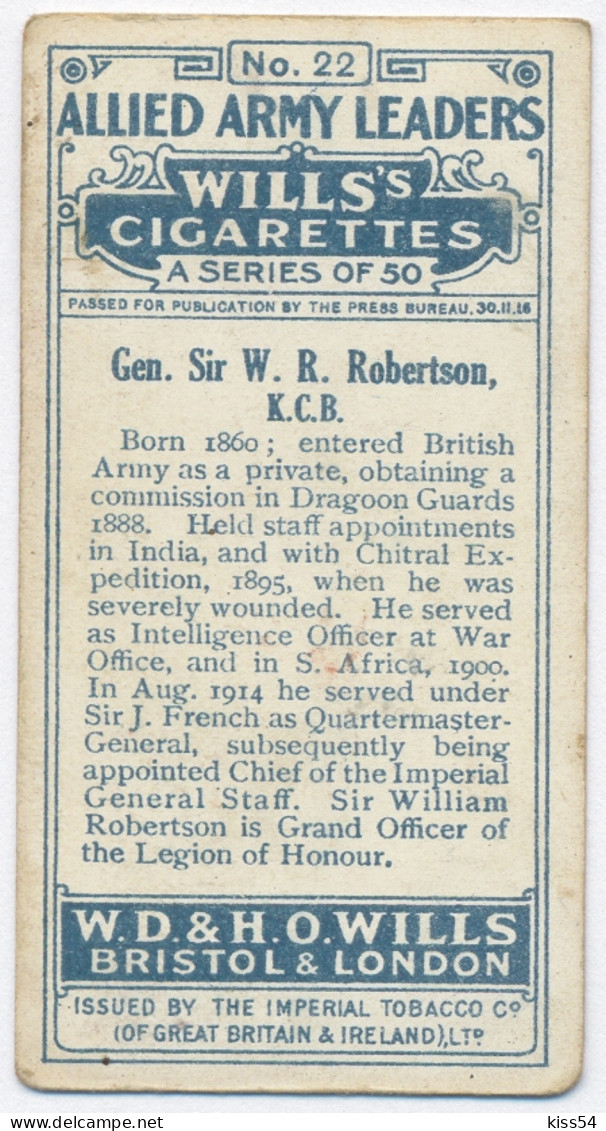 CT 6 - 22 UNITED KINGDOM, Lt. Gen. Sir W. R. Robertson, Allied Army Leader - Old Wills's Cigarettes - 68/35 Mm - Wills