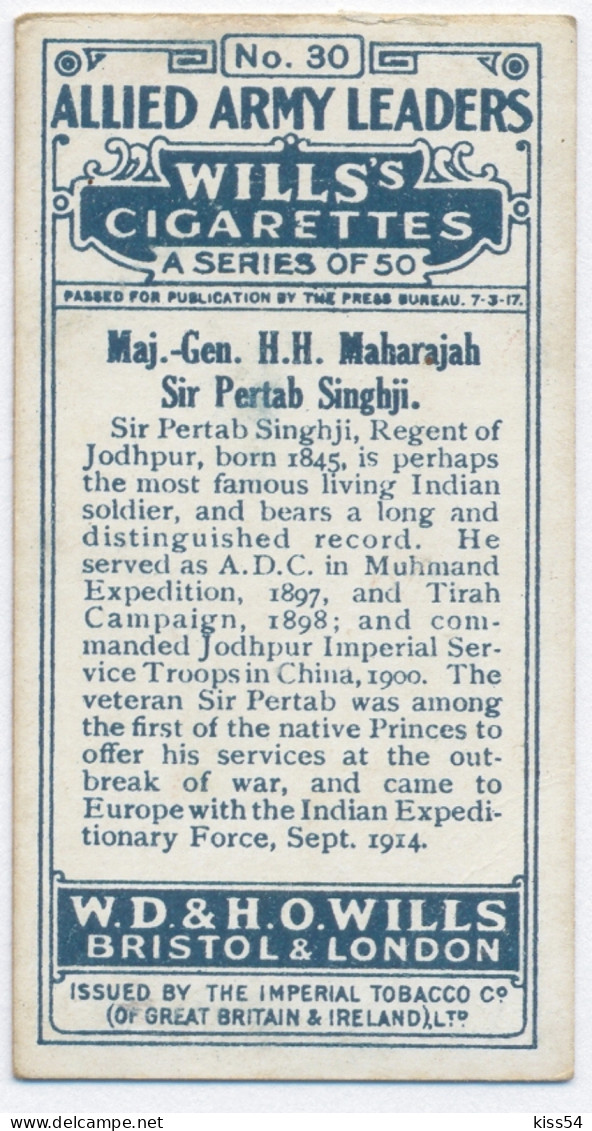 CT 6 - 30 INDIA, Gen H.H. Maharajah Sir Pertab Singhji, Allied Army Leader - Old Wills's Cigarettes - 68/35 Mm - Wills