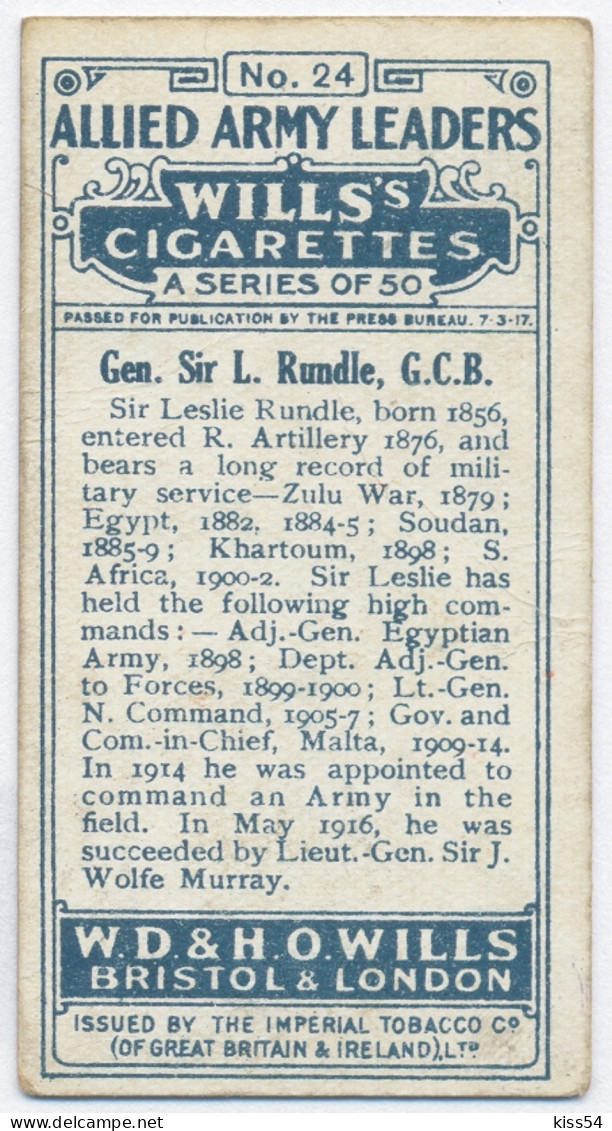 CT 6 - 24 UNITED KINGDOM, Gen. Sir Leslie Rundle, Allied Army Leader - Old Wills's Cigarettes - 68/35 Mm - Wills