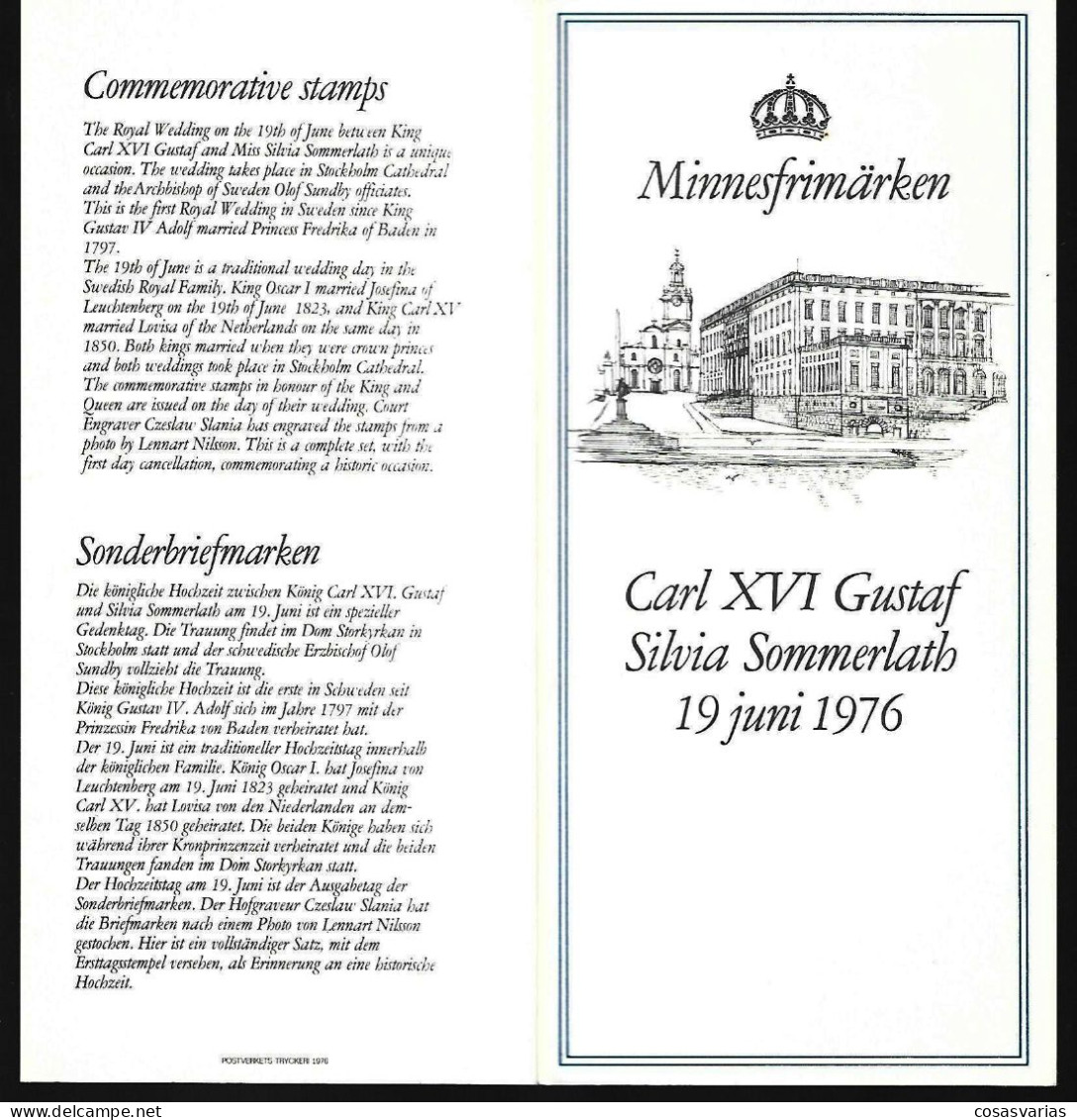 SVERIGE MINNESFRIMARKEN CARL XVI GUSTAF SILVIA SOMMERLATH 1976 COMMEMORATIVE STAMPS ROYAL WEDDING SONDERBRIEFMARKEN - Lettres & Documents