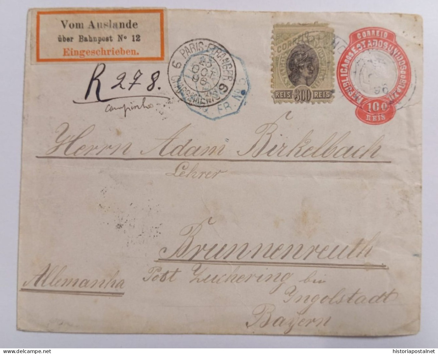 BRAZIL TO GERMANY REGISTERED MAIL BAHNPOST LABEL RARE - Other & Unclassified