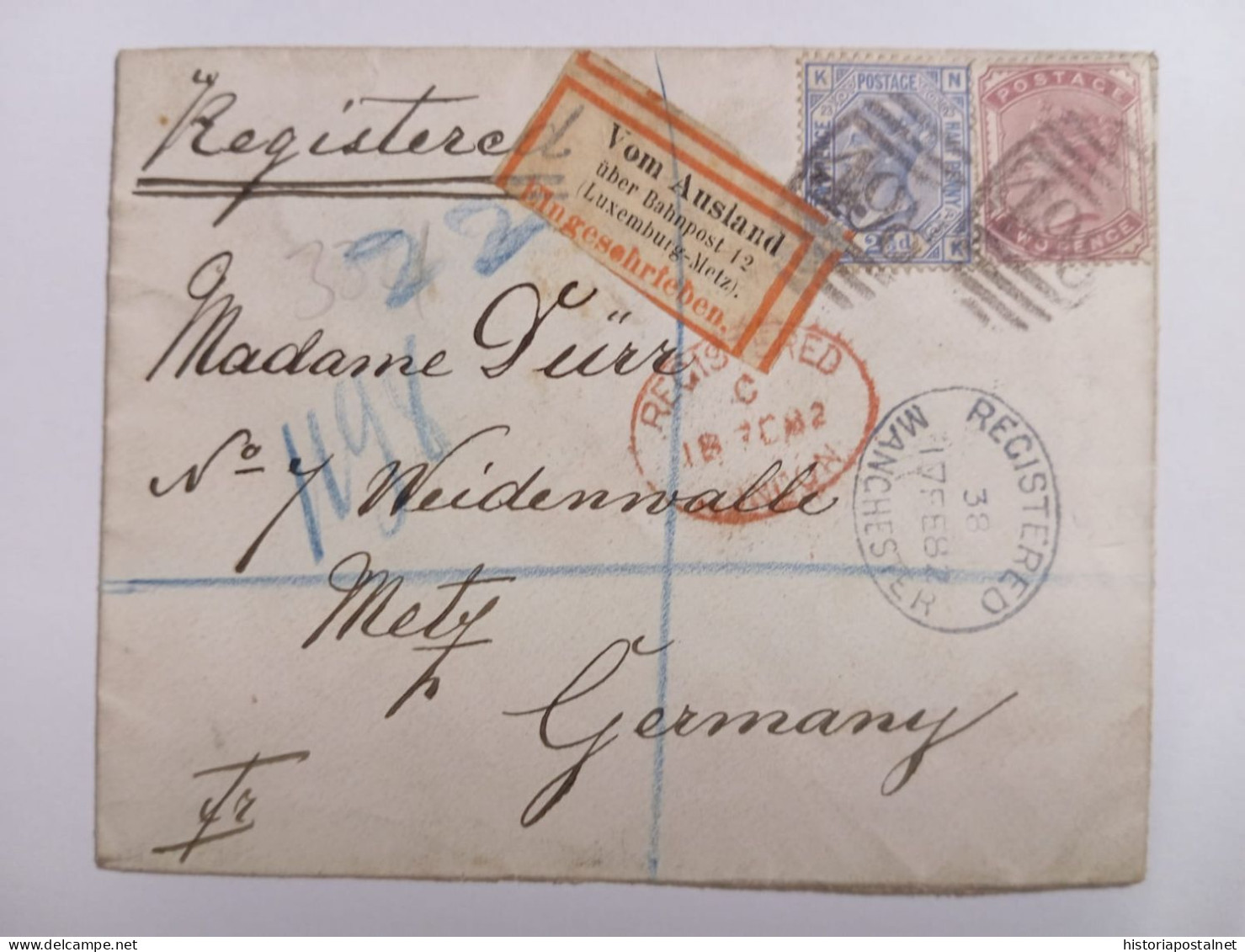 MANCHESTER GREAT BRITAIN TO GERMANY REGISTERED MAIL BAHNPOST LABEL RARE - Unclassified