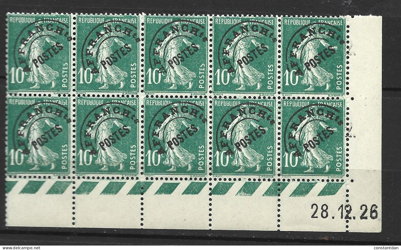 FRANCE PREOB N° 51 10C VERT TYPE SEMEUSE SURCHARGE HAUTE + CD DU 28.12.1926 NEUF SANS CHARNIERE BLOC DE 10 TPS - Unused Stamps