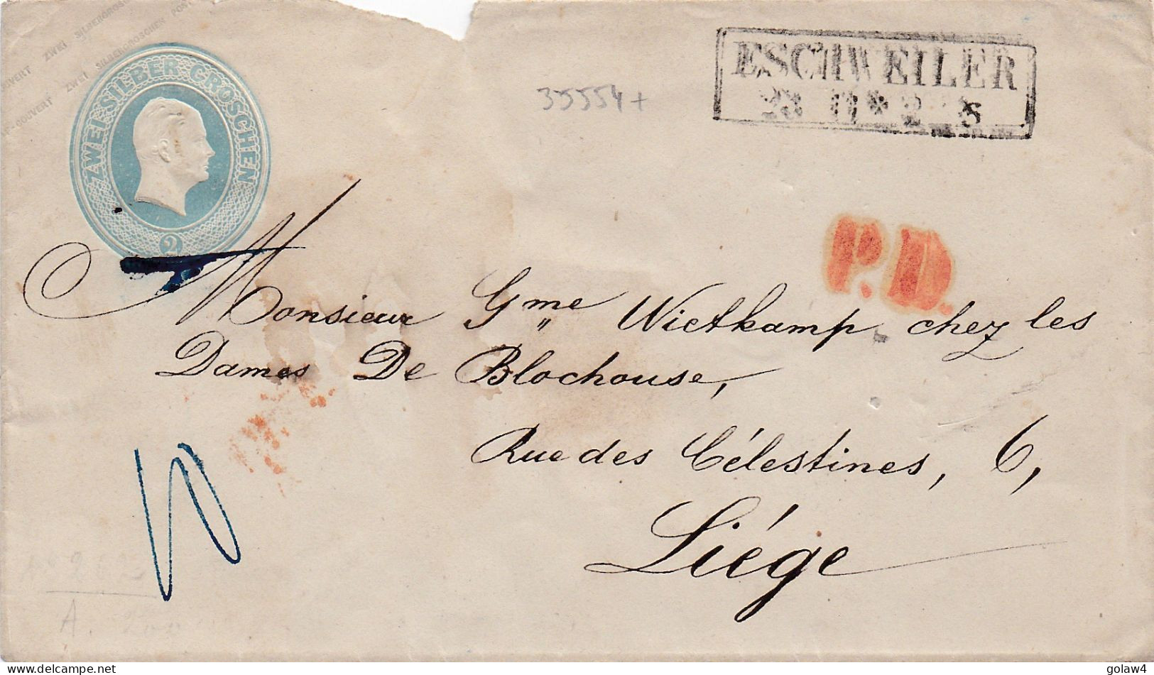 35554# PRUSSE ENTIER POSTAL ENVELOPPE 2 ZWEI SILBER GROSCHEN PREUSSEN ESCHWEILER 1856 LIEGE BELGIQUE GANZSACHE STATIONER - Interi Postali