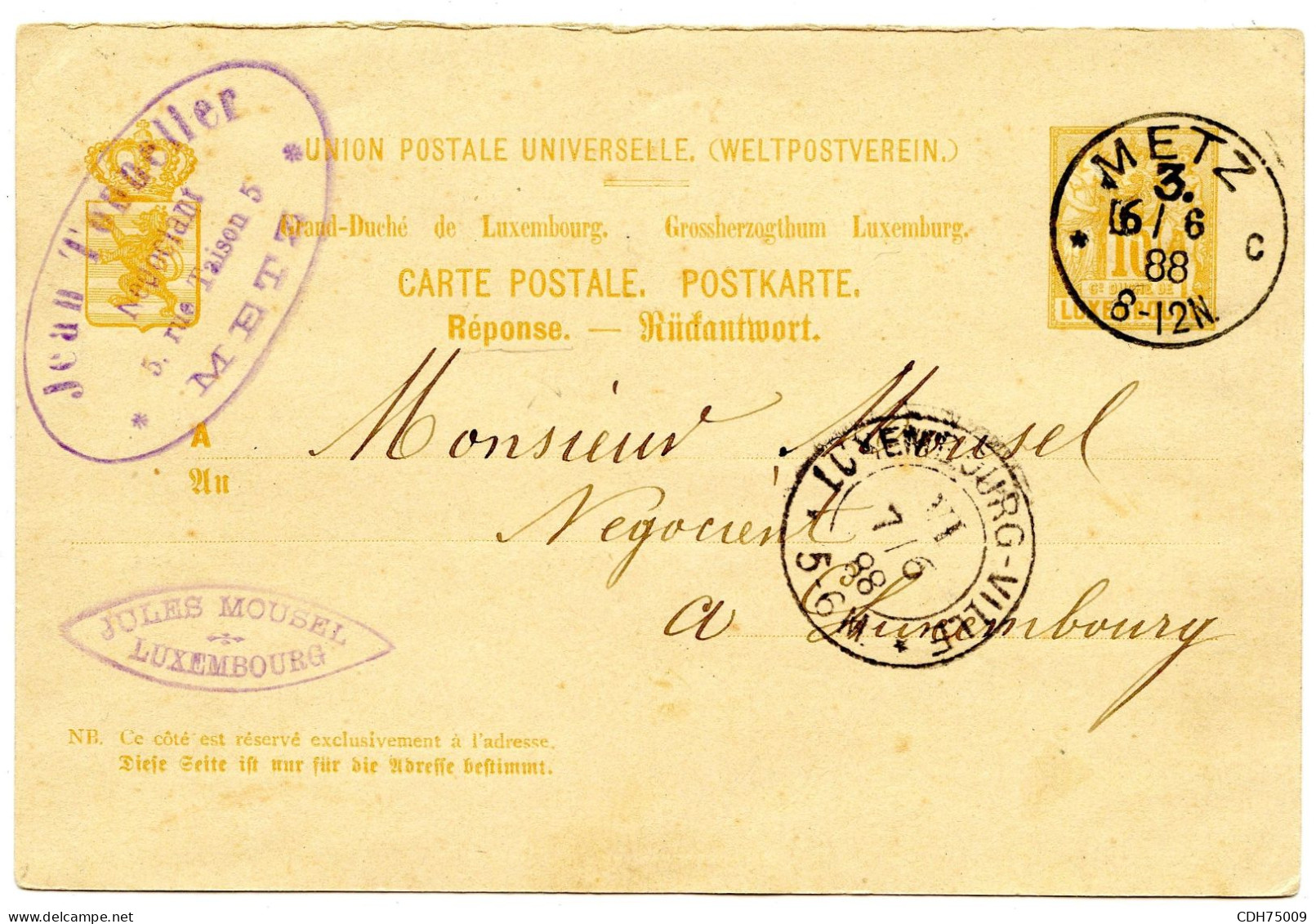 LUXEMBOURG - ENTIER CARTE POSTALE REPONSE 10C ARMOIRIES DE METZ POUR LUXEMBOURG, 1888 - 1859-1880 Coat Of Arms