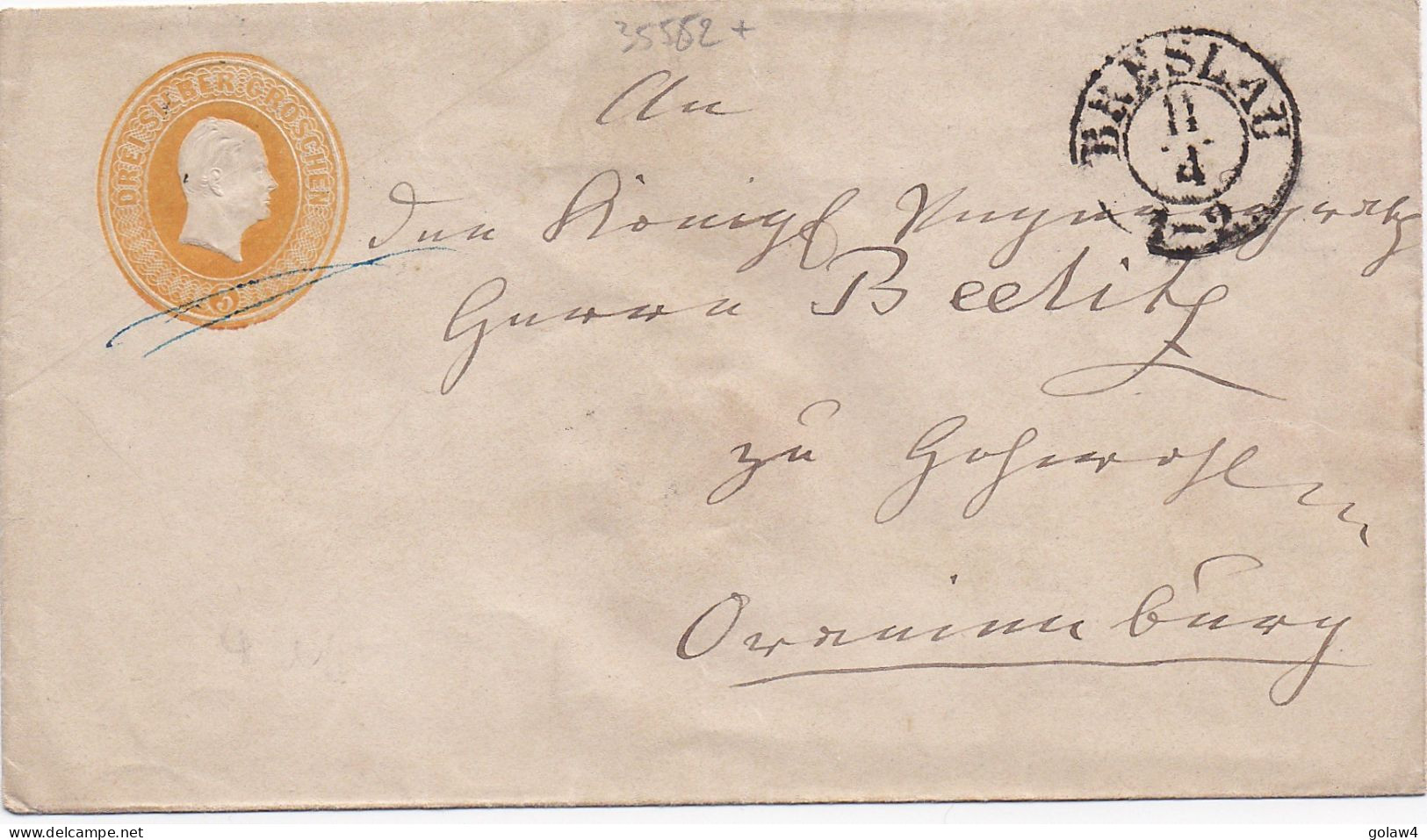 35562# PRUSSE ENTIER POSTAL ENVELOPPE 3 DREI SILBER GROSCHEN PREUSSEN BRESLAU GANZSACHE STATIONERY - Postal  Stationery