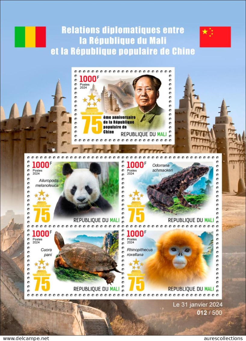 MALI 2024 M/S 5V - CHINA DIPLOMATIC RELATIONS FAUNA - MAO ZEDONG - PANDA TURTLE TURTLES FROG FROGS MONKEY MONKEYS - MNH - Emissions Communes