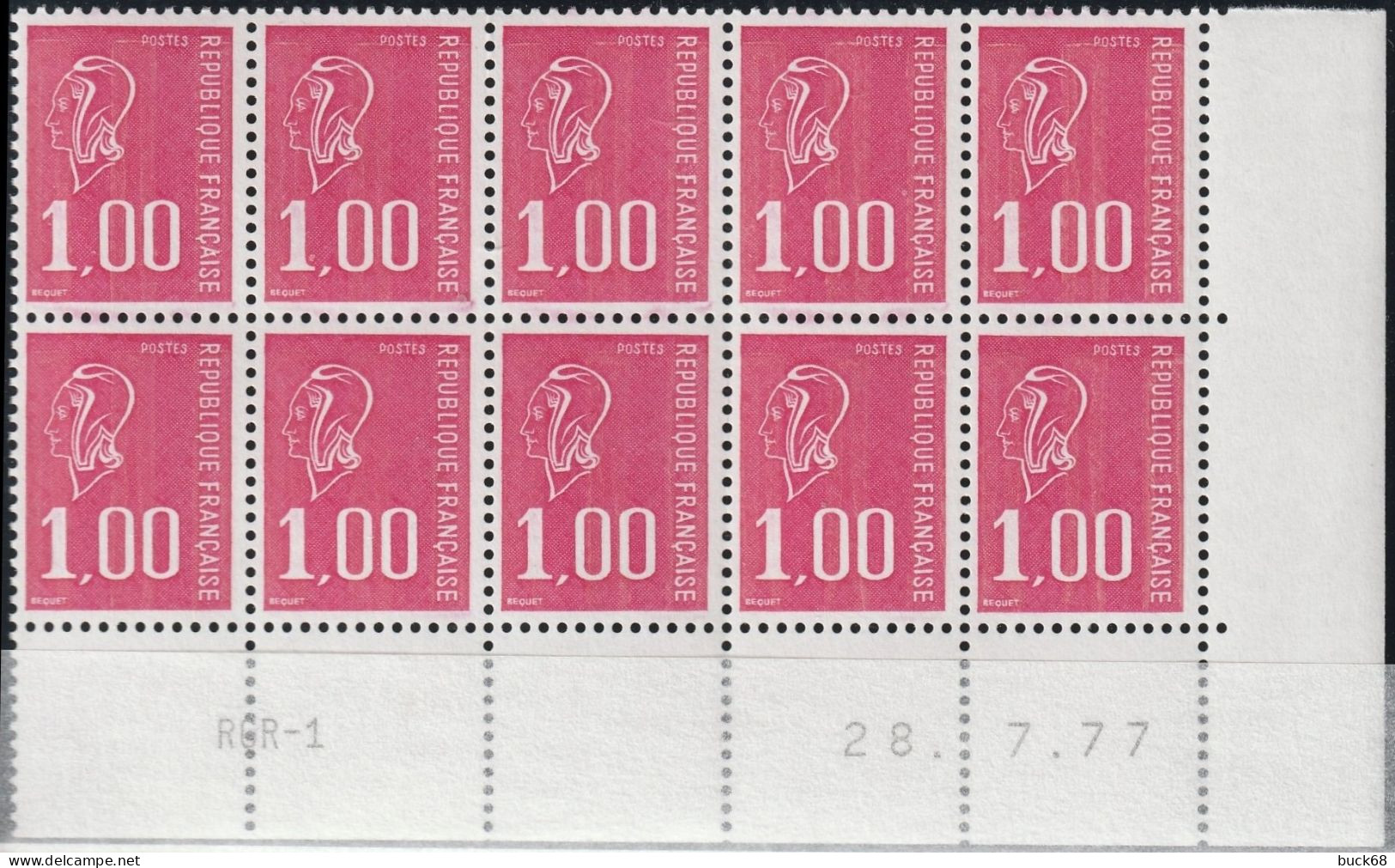 FRANCE 1892 ** MNH Type Marianne De Béquet Bloc De 10 Coin Daté Du 28. 7.77 Juillet 1977 Bas De Feuille - 1970-1979