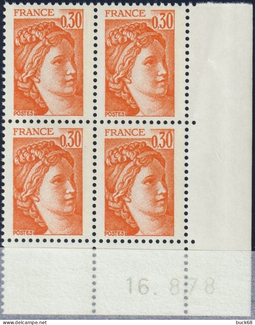 FRANCE 1968 ** MNH Type Sabine De David Bloc De 4 Coin Daté Du 16. 8.78 Août 1978 - 1970-1979