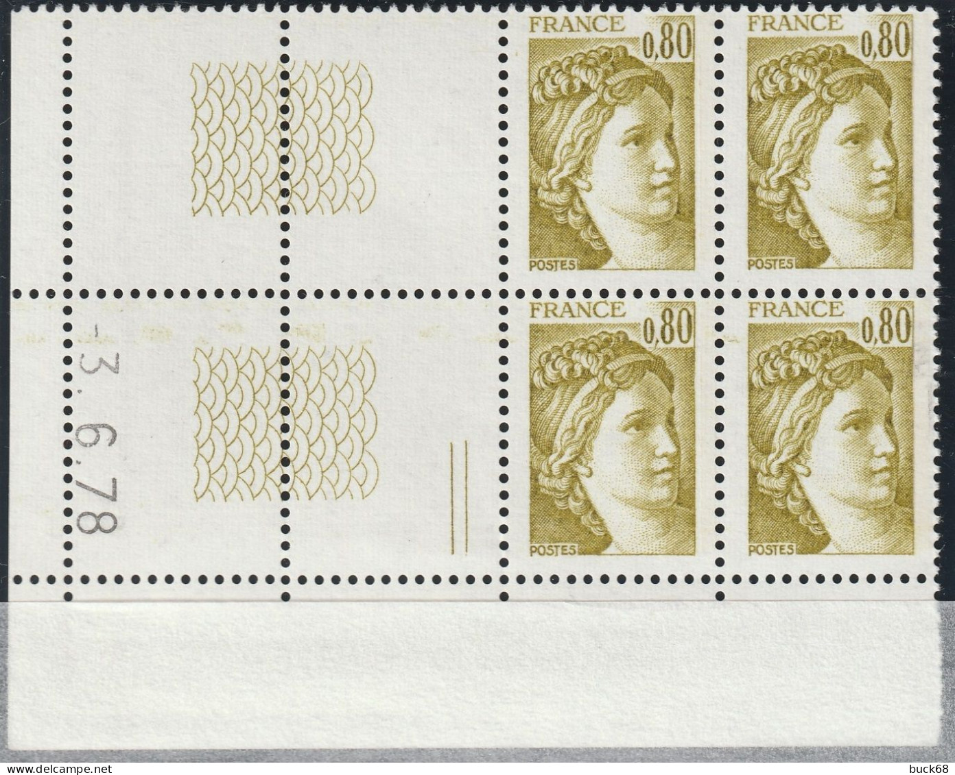 FRANCE 1971 ** MNH Type Sabine De David Bloc De 4 Coin Daté Du -3. 6.78 Juin 1978 Variété Trait Double Vertical - 1970-1979