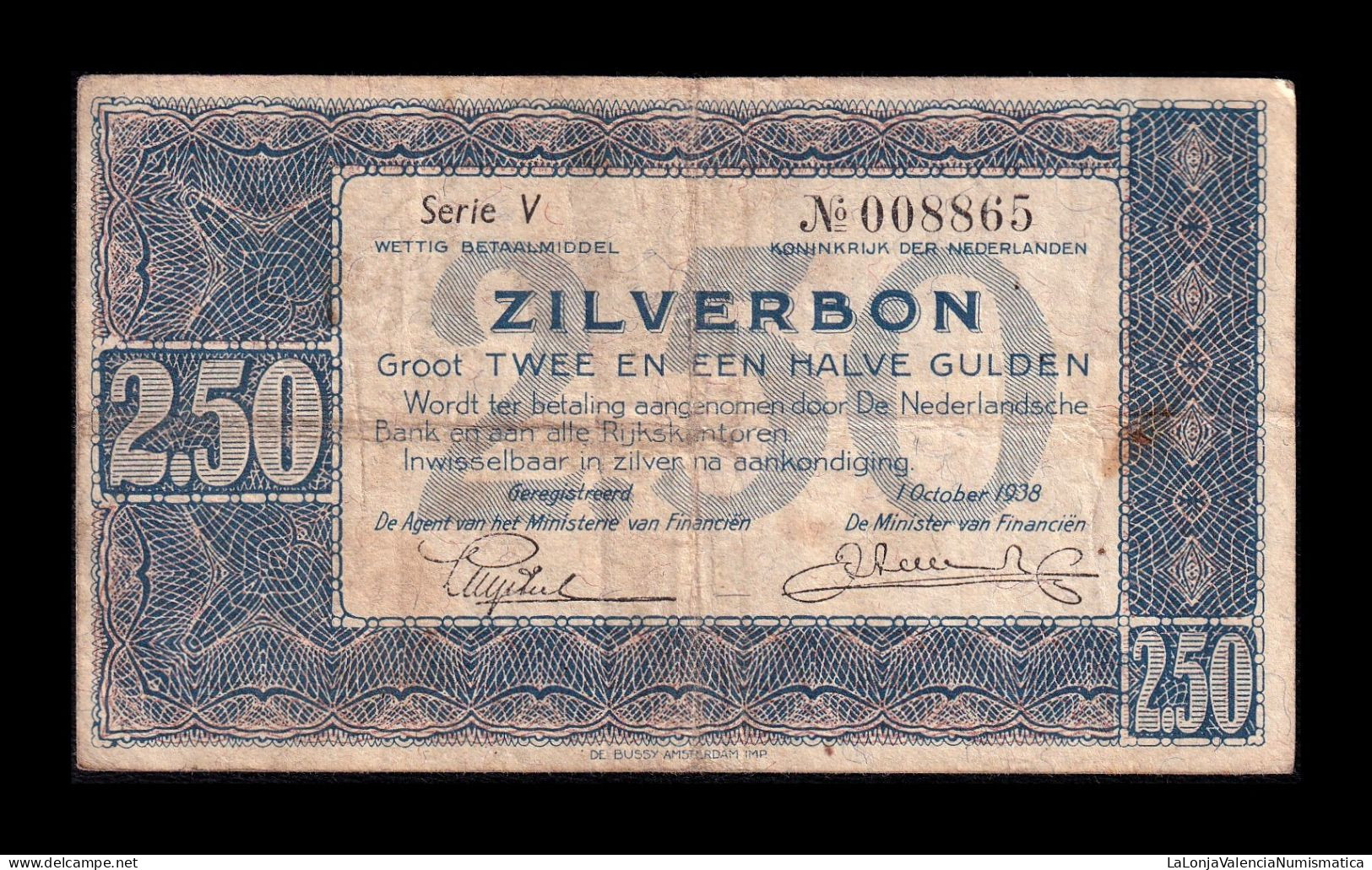 Holanda Netherlands 2,50 Gulden 1938 Pick 62 Serie V Bc F - 2 1/2 Florín Holandés (gulden)