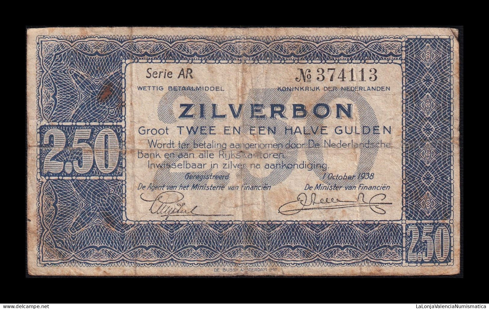 Holanda Netherlands 2,50 Gulden 1938 Pick 62 Serie AR Bc F - 2 1/2 Gulden