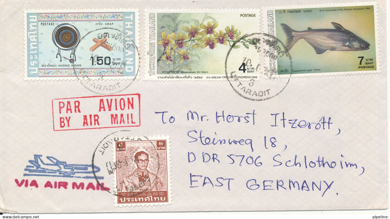 Thailand Cover Sent Air Mail To Germany DDR With More Topic Stamps Senders Name Is Cut Of The Backside Of The Cover - Thailand