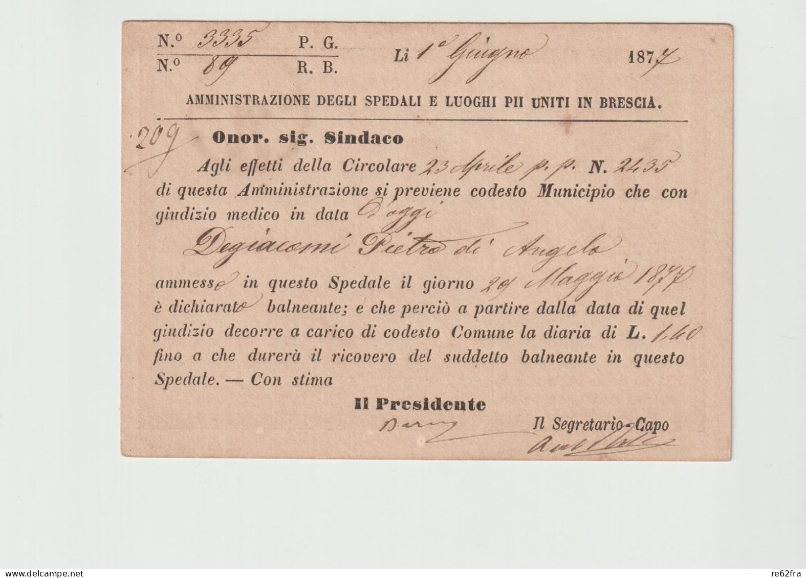 Vittorio Emanuele II° Intero Postale C.10. Edizione“Amministrazione Degli Spedali E Luoghi Pii In Brescia” ,  Rara, 1877 - Entiers Postaux