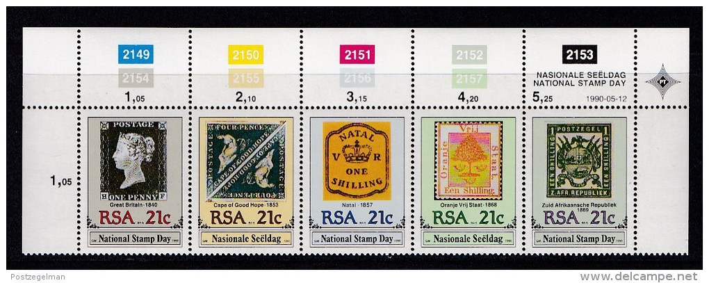 SOUTH AFRICA, 1990, MNH Control Block Of 5, Stamps On Stamps, M 795-799 - Unused Stamps