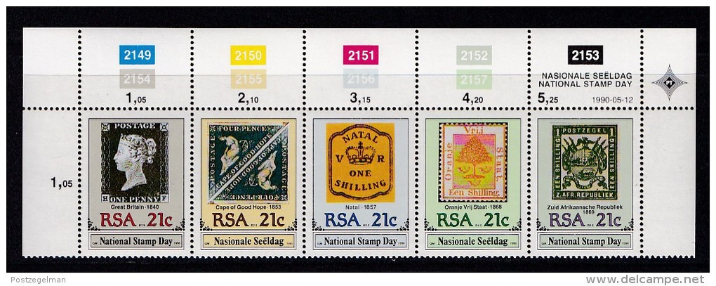 SOUTH AFRICA, 1990, MNH Control Block Of 5, Stamps On Stamps, M 795-799 - Neufs