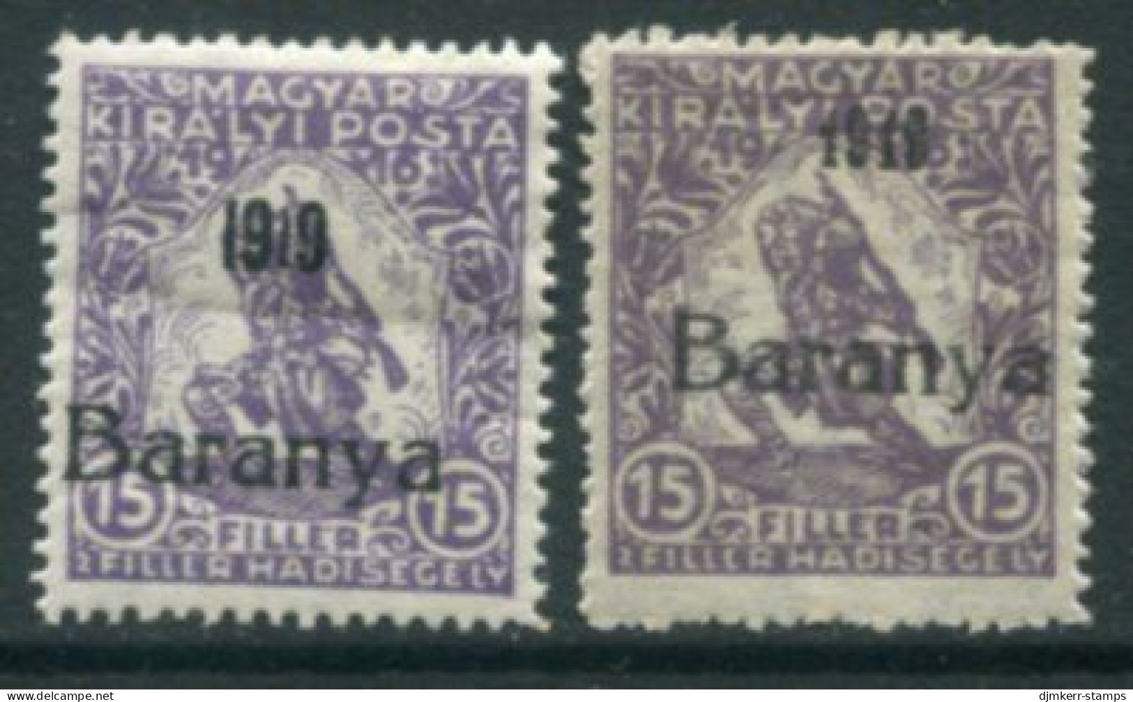 BARANYA Serb Occ. 1919 Overprint On War Charity 15f Normal And Serif Date LHM / *.  Michel 17, SG 9, 9a - Baranya