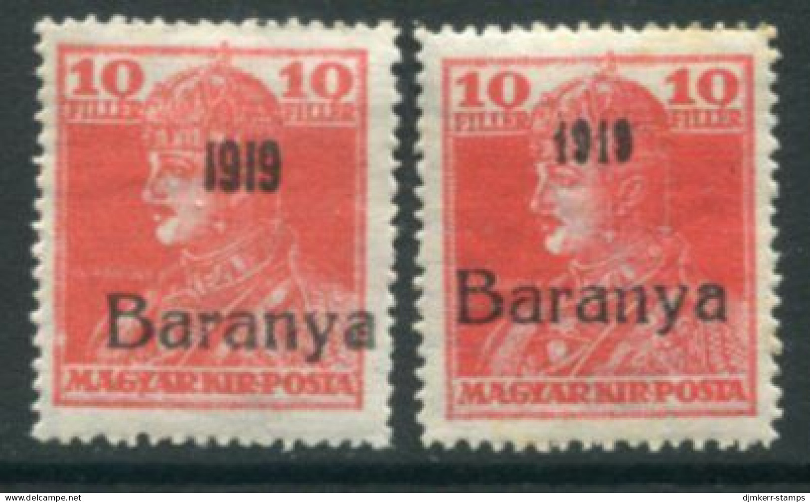 BARANYA Serb Occ. 1919 Overprint On Karl 10f Normal And Serif Date LHM / *.  Michel 35, SG 27, 27b - Baranya