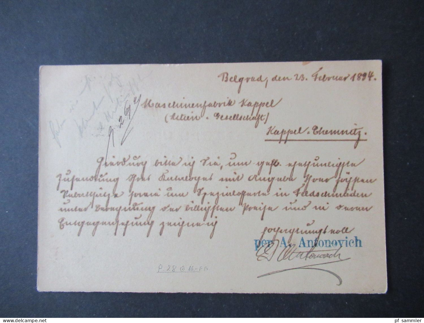 Serbien 1894 Ganzsache / Fragekarte ?! Absender Stempel A. AntonovichBelgrad Nach Kappel Chemnitz - Serbien