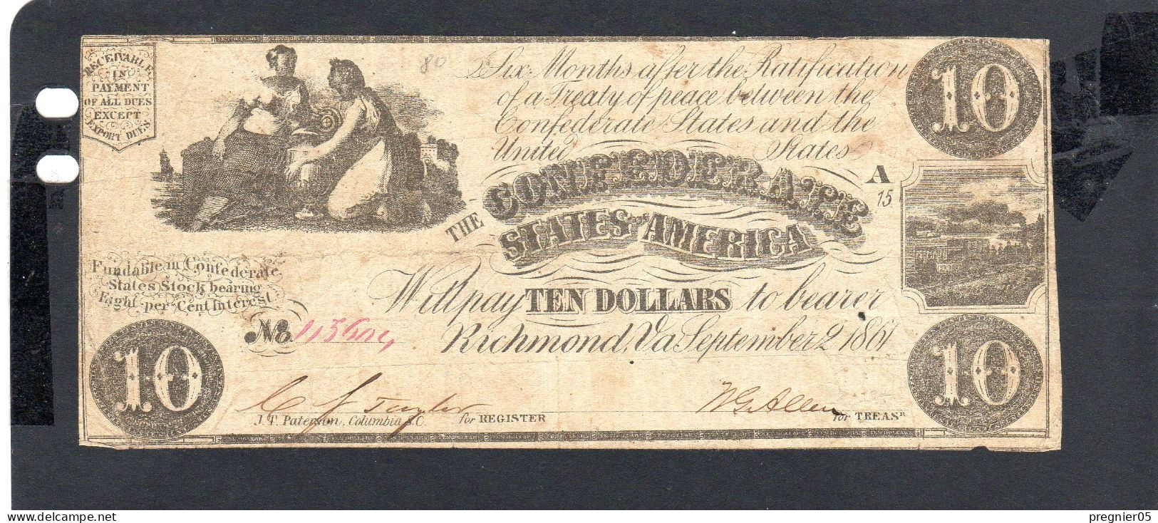USA - Billet  10 Dollar États Confédérés 1861 TB/F P.027 - Valuta Van De Bondsstaat (1861-1864)