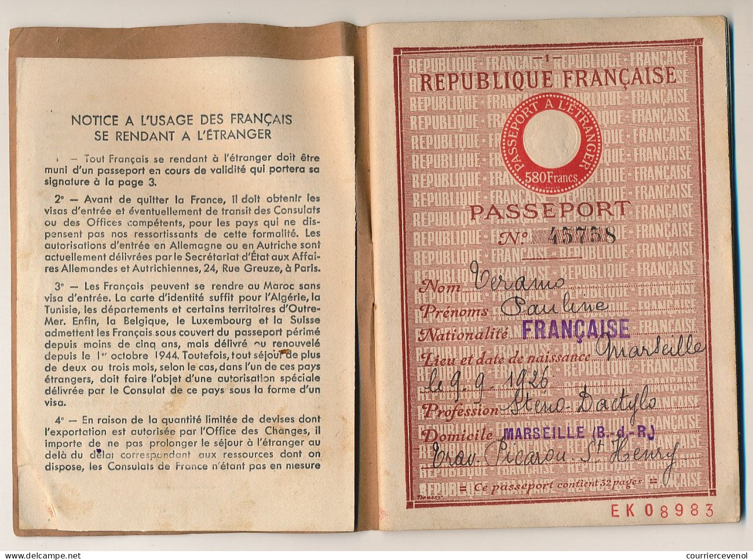 FRANCE - Passeport à L'étranger 580F Marseille B Du R - 1949 - Zonder Classificatie