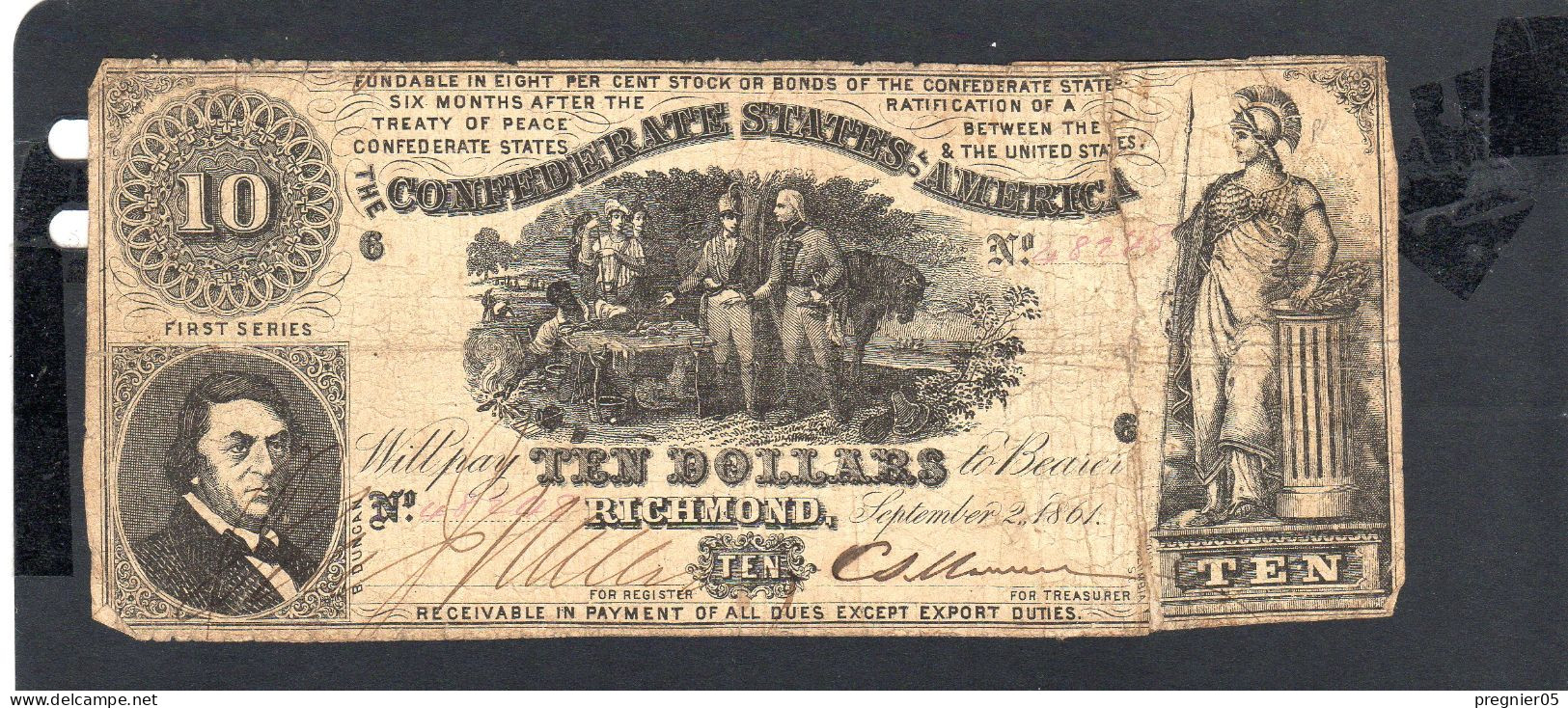 Baisse De Prix USA - Billet  10 Dollar États Confédérés 1861 B/VG P.029 - Devise De La Confédération (1861-1864)