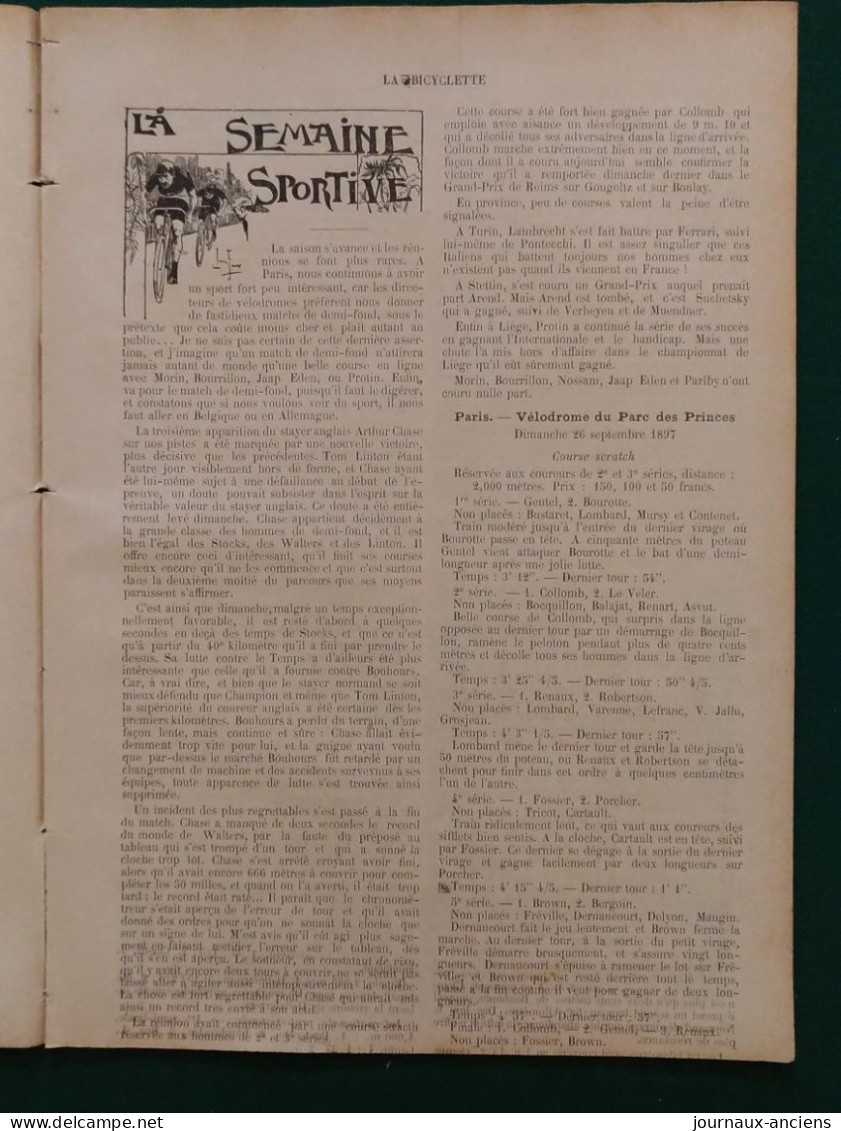 1897 Revue LA BICYCLETTE - LE SPORT EN AMERIQUE - ARTHUR GARDINER - TOM COOPER - EARL KISER - CHAMPIONNAT DE FRANCE - Cyclisme