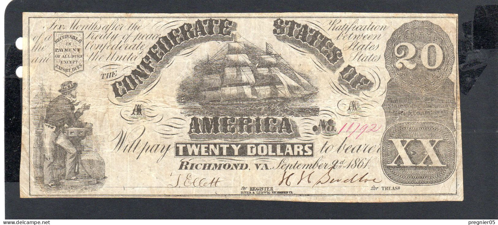 USA - Billet  20 Dollar États Confédérés 1861 TTB/VF P.031 - Confederate Currency (1861-1864)