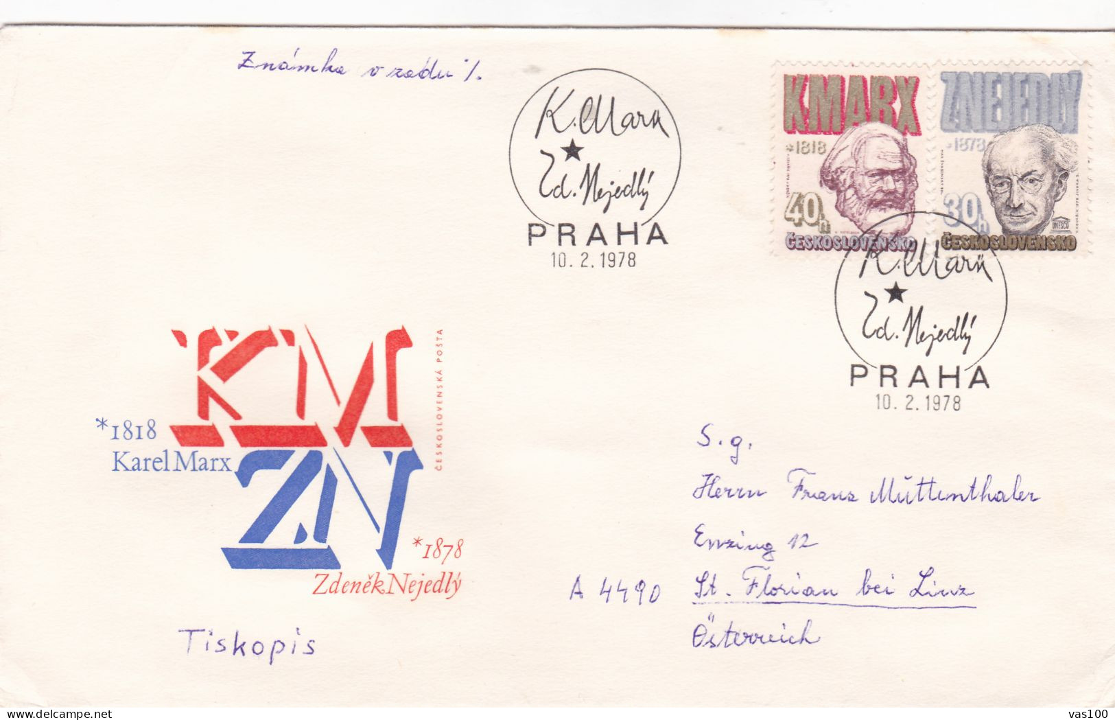 FAMOUS PEOPLE KMARX ZNEIEOLY   COVERS  FDC    CIRCULATED  1978  Tchécoslovaquie - Cartas & Documentos