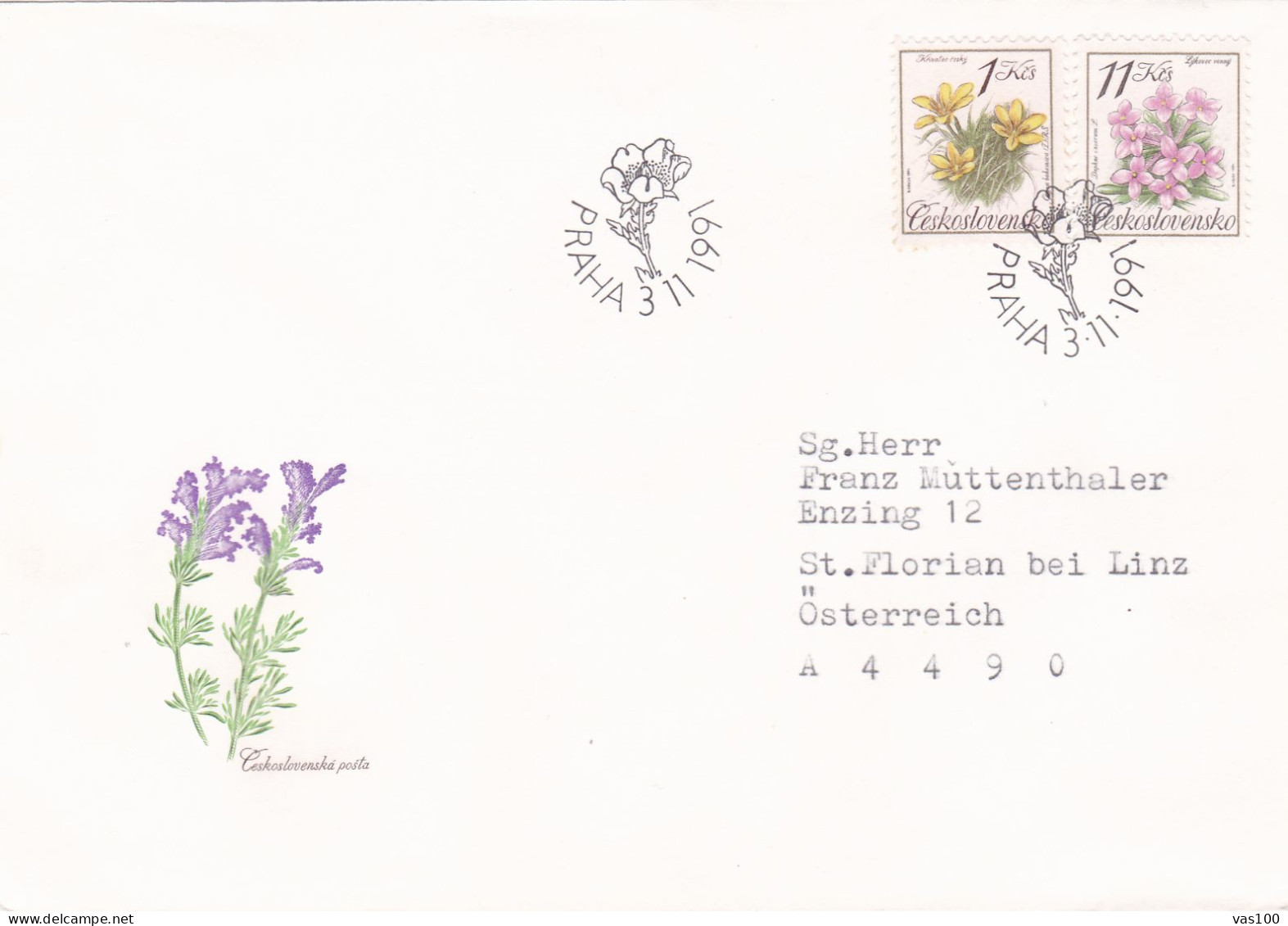 FLOWER  COVERS  FDC    CIRCULATED  1991  Tchécoslovaquie - Briefe U. Dokumente