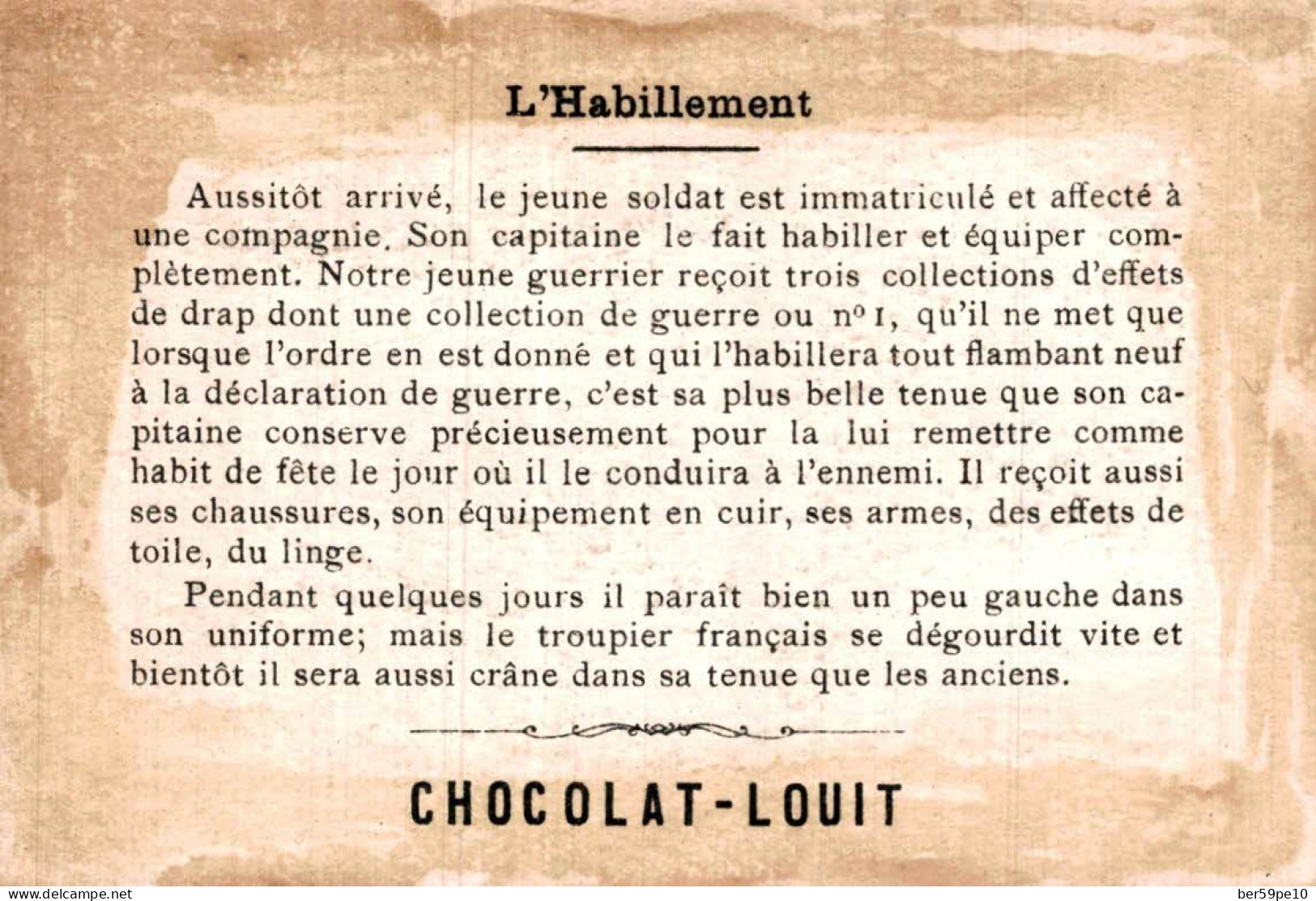 CHROMO CHOCOLAT LOUIT SOLDATS  N°3 L'HABILLEMENT - Louit