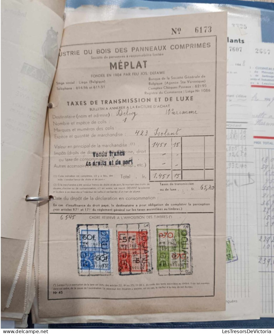 Classeur De 67 Factures De 1948 Adressées à Monsieur Delooz De Waremme - Timbres Fiscaux - 1900 – 1949