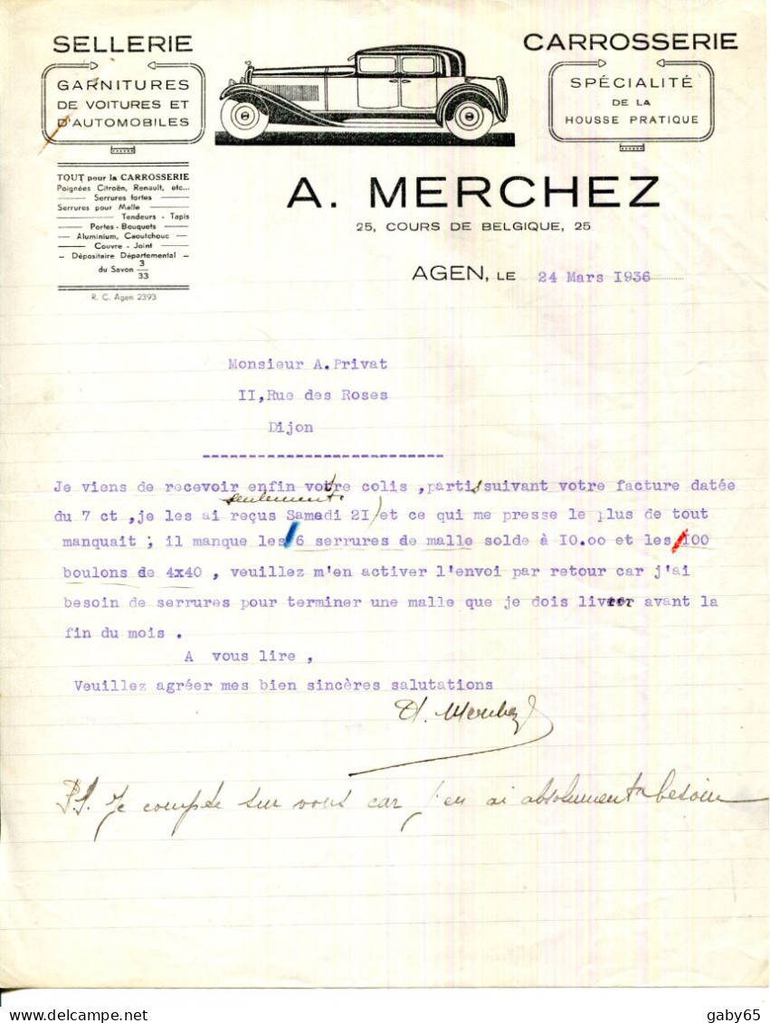 FACTURE.47.AGEN.SELERIE.CARROSSERIE.A.MERCHEZ 25 COURS DE BELGIQUE. - Automobile