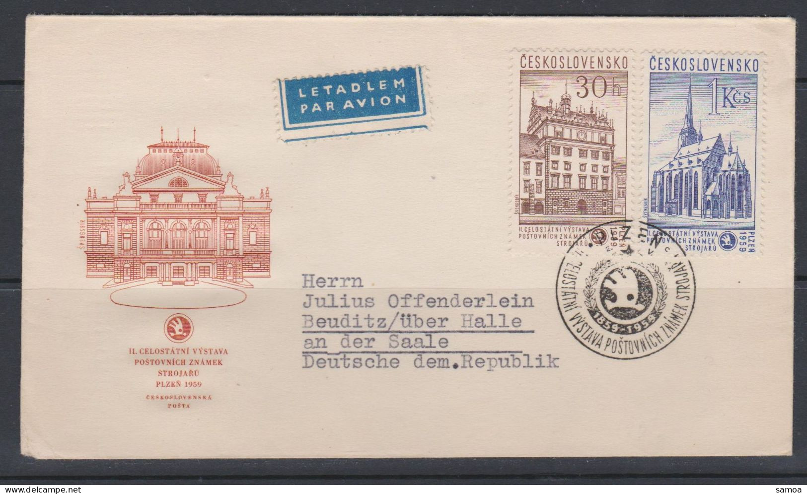 Tchécoslovaquie FDC 1959 1018 1020 Hôtel De Ville De Pilsen Église Saint-Barthélémy - FDC