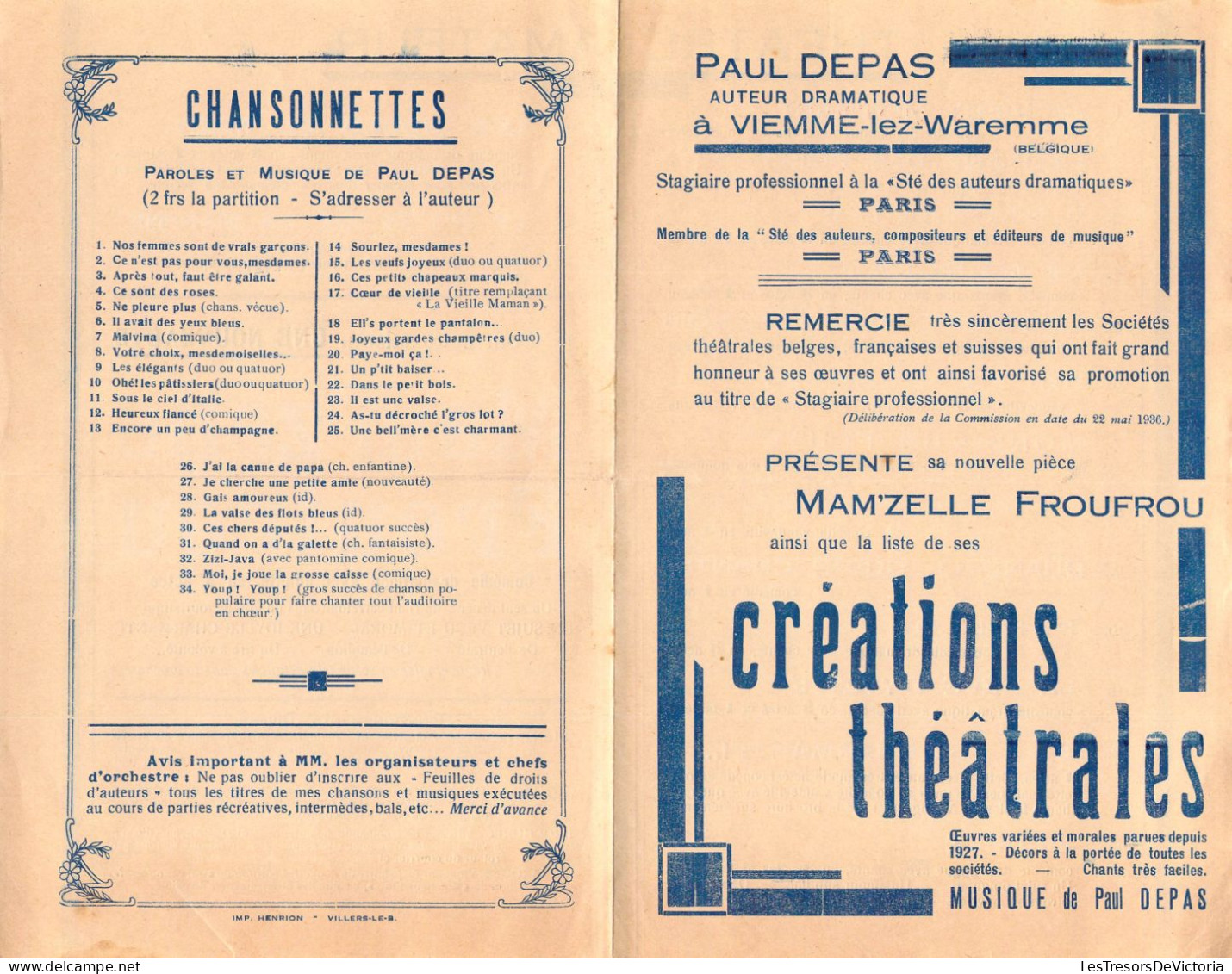 Programme Théâtre - Mam'zelle Froufrou  De Paul Depas Auteur Dramatique à Viemme Lez Waremme - Programmi