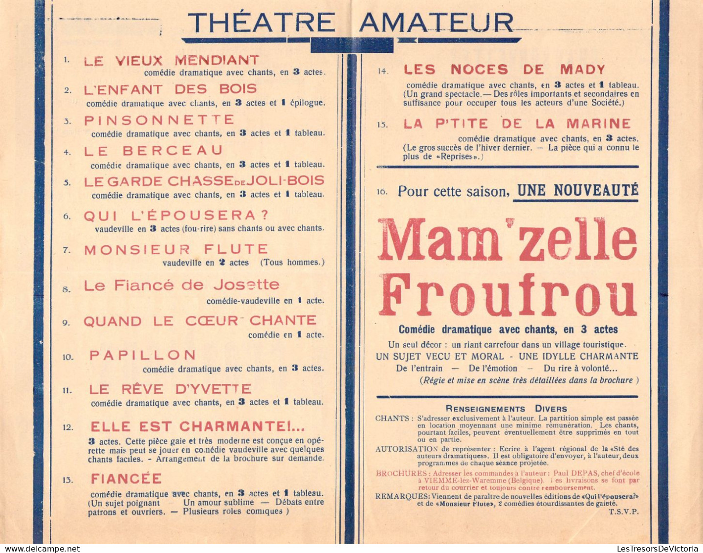 Programme Théâtre - Mam'zelle Froufrou  De Paul Depas Auteur Dramatique à Viemme Lez Waremme - Programas