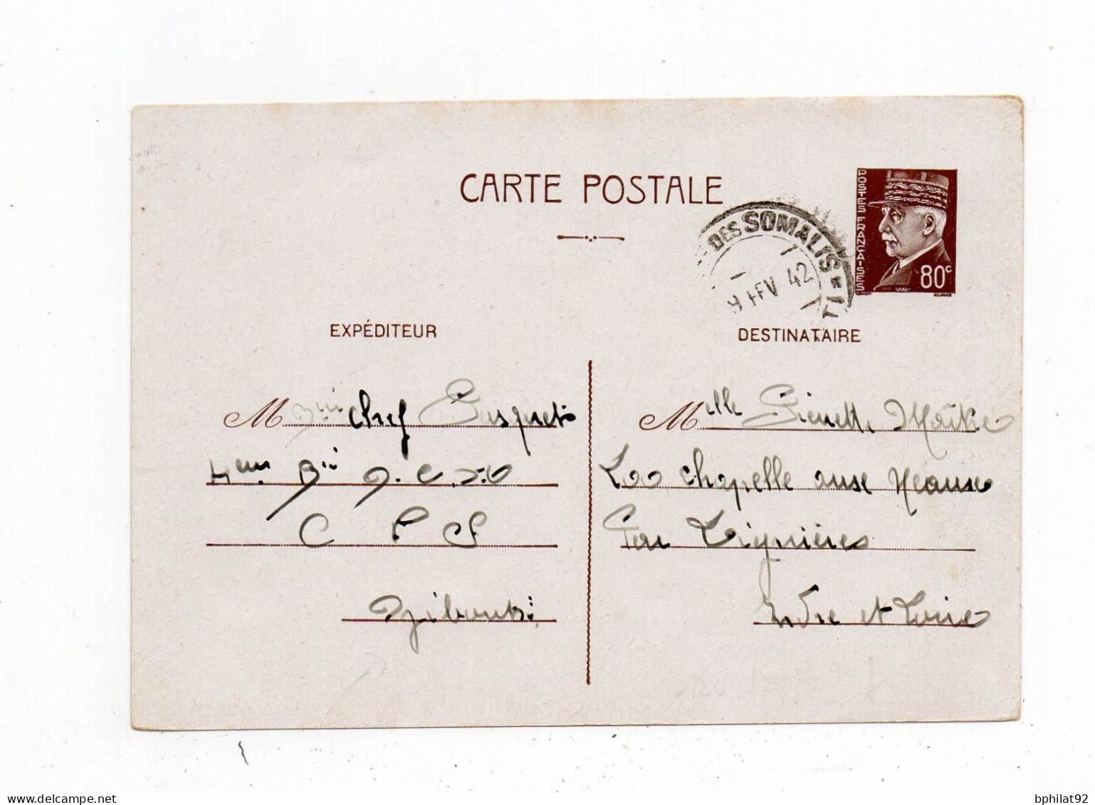 !!! ENTIER POSTAL PETAIN A 80 CT OBLITERE COTE DES SOMALIS - DJIBOUTI DE 1942 POUR LA FRANCE - Lettres & Documents