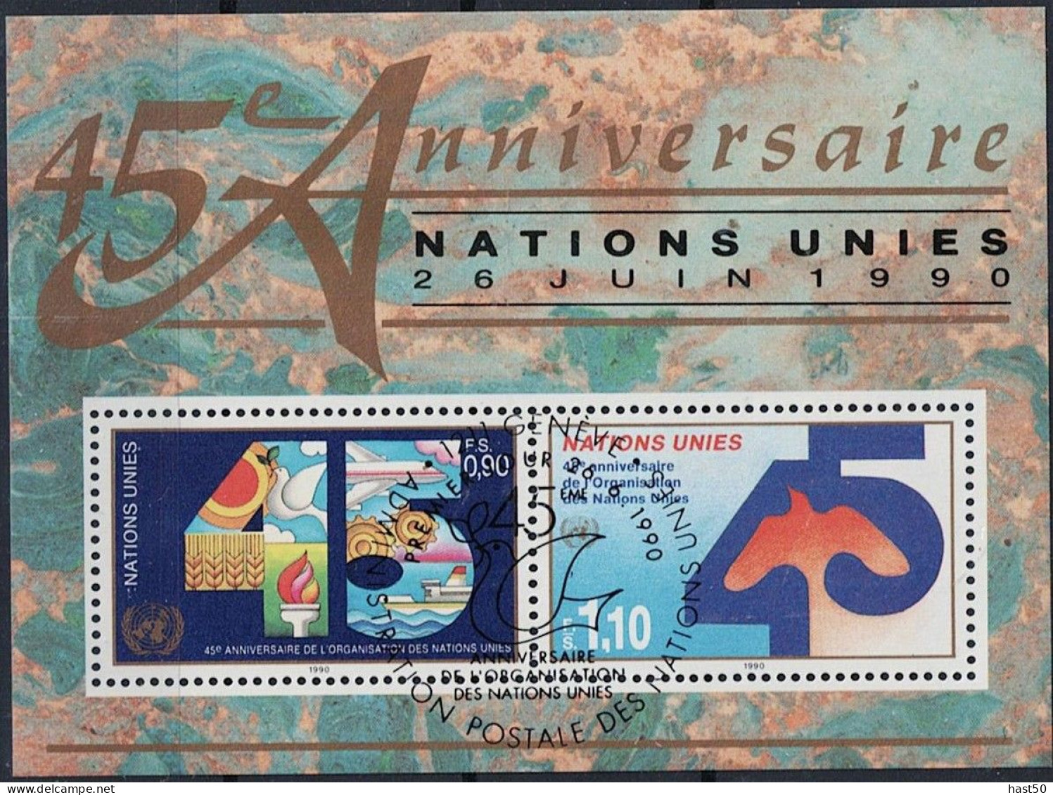 UNO Genf - 45 Jahre Vereinte Nationen (MiNr: 188/9 + Bl. 6) 1990 - Gest Used Obl - Gebraucht