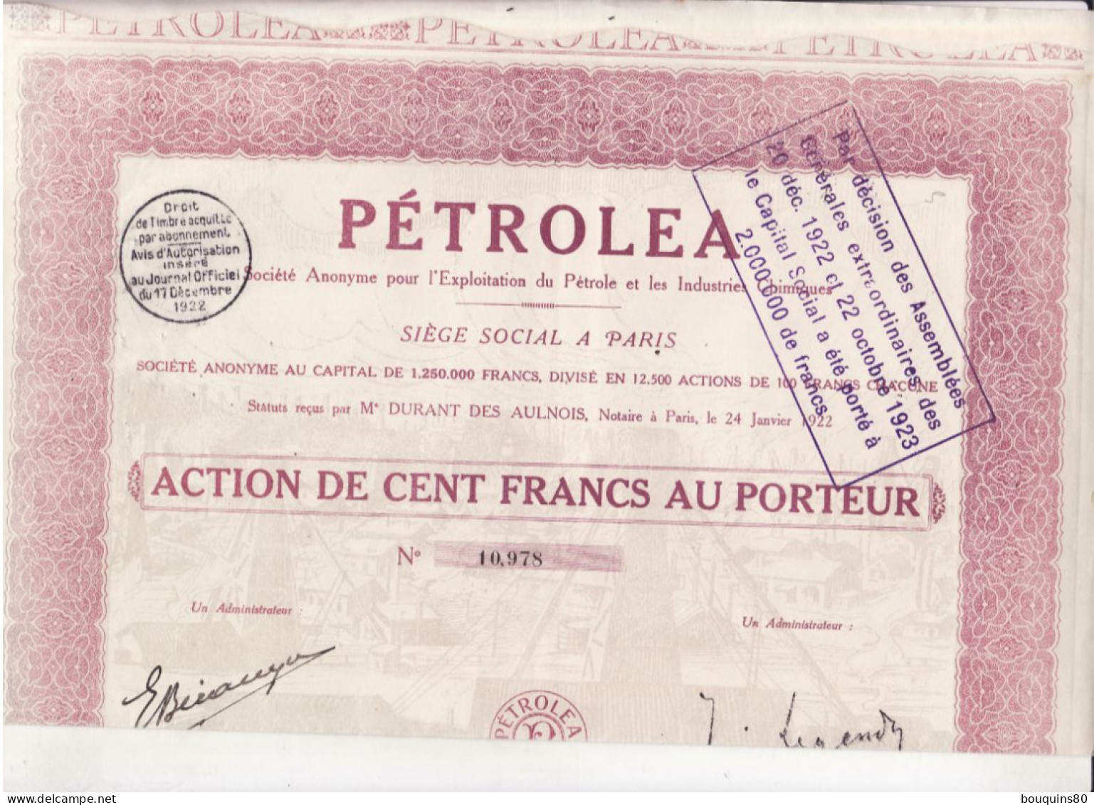 ACTION PETROLEA De 100FRANCS  1922 - Petróleo