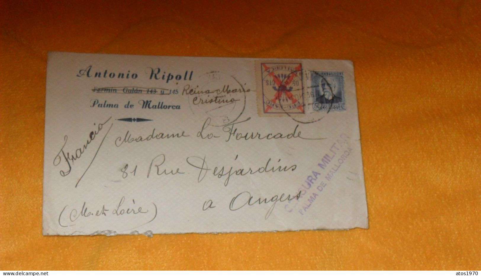 ENVELOPPE ANCIENNE DE 1936../ ANTONIO RIPOLL PALMA DE MALLORCA..CACHETS POUR ANGERS CENSURA MILITAR + TIMBRES X2 - Altri & Non Classificati