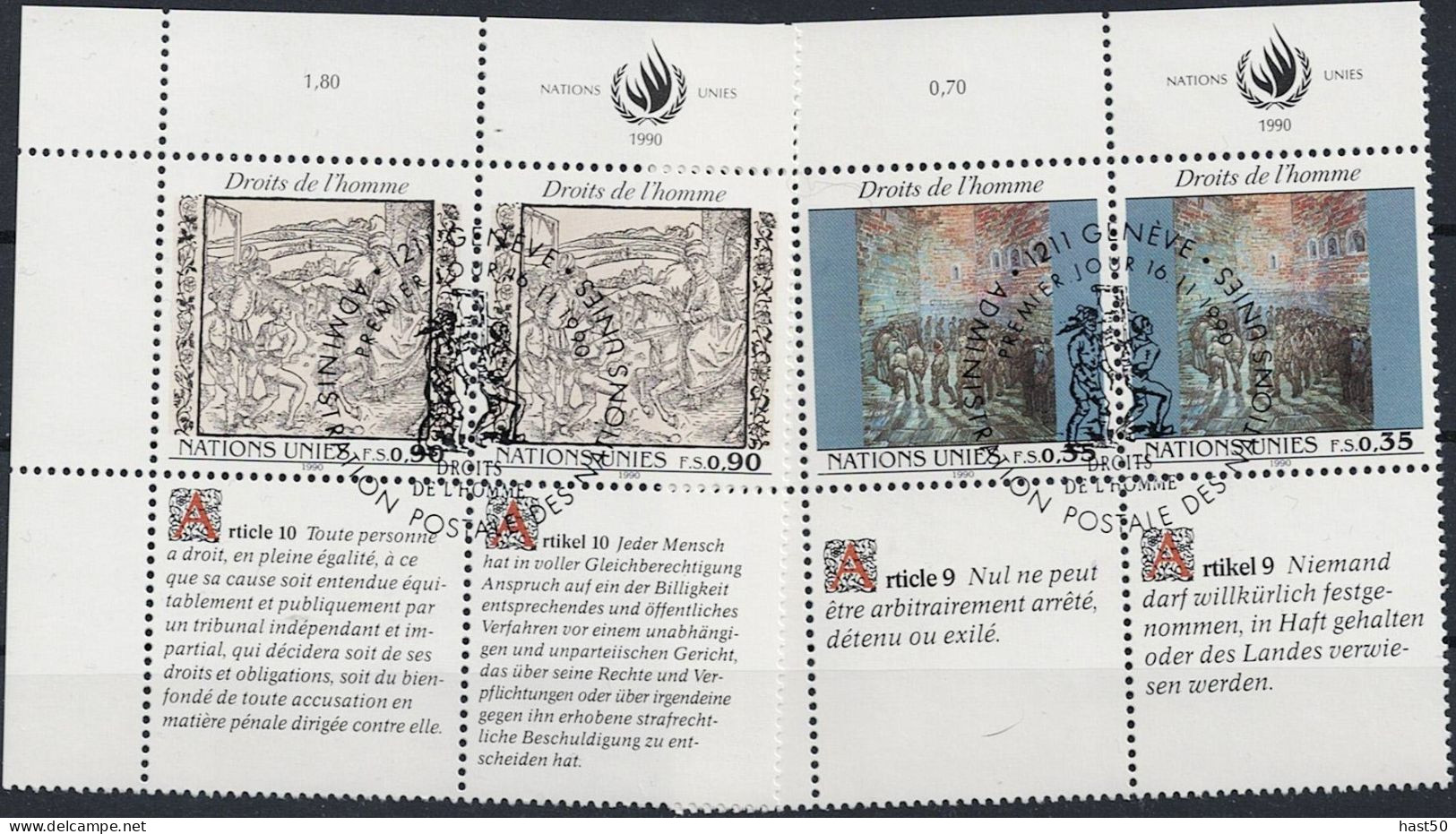 UNO Genf - Menschenrechte (MiNr: 192/3 Zierfelder Franz. + Dt. Als ZDr)) 1990 - Gest Used Obl - Used Stamps