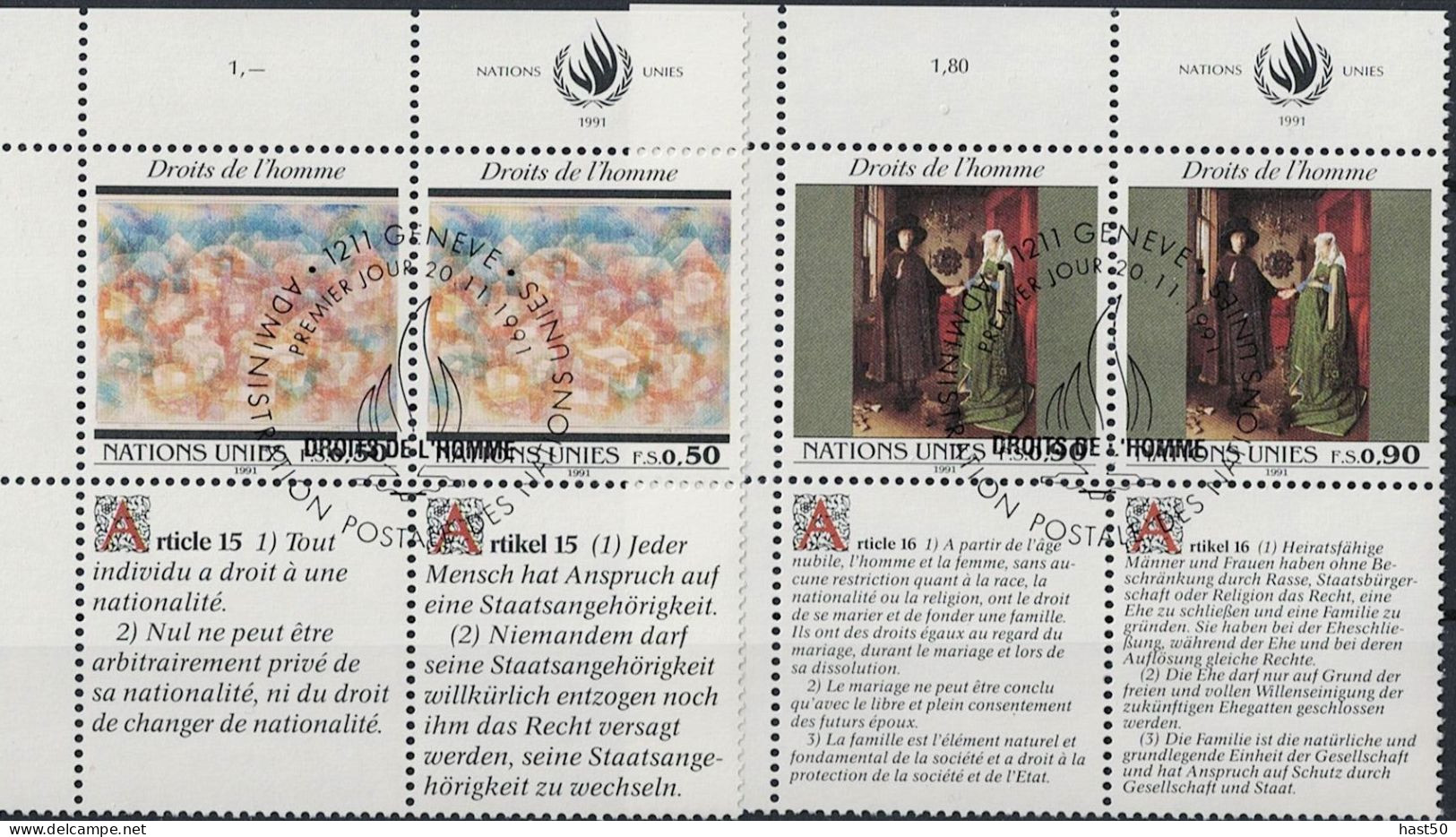 UNO Genf - Menschenrechte (MiNr: 208/9 Zierfelder Franz. + Dt. Als ZDr) 1990 - Gest Used Obl - Usati