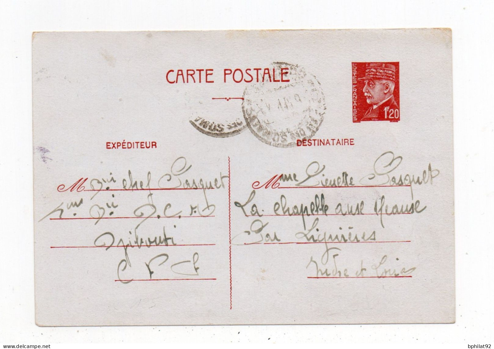 !!! ENTIER POSTAL PETAIN OBLITERE COTE DES SOMALIS - DJIBOUTI DE 1942 POUR LA FRANCE - Cartas & Documentos