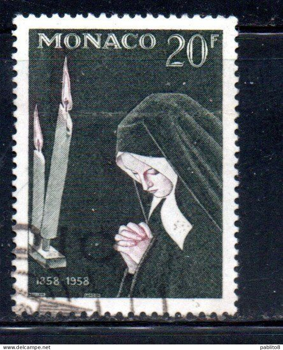 MONACO 1958 CENTENARY OF THE APPARITION VIRGIN MARY AT LOURDES BERNADETTE PRAYING 20fr USED USATO OBLITERE' - Used Stamps