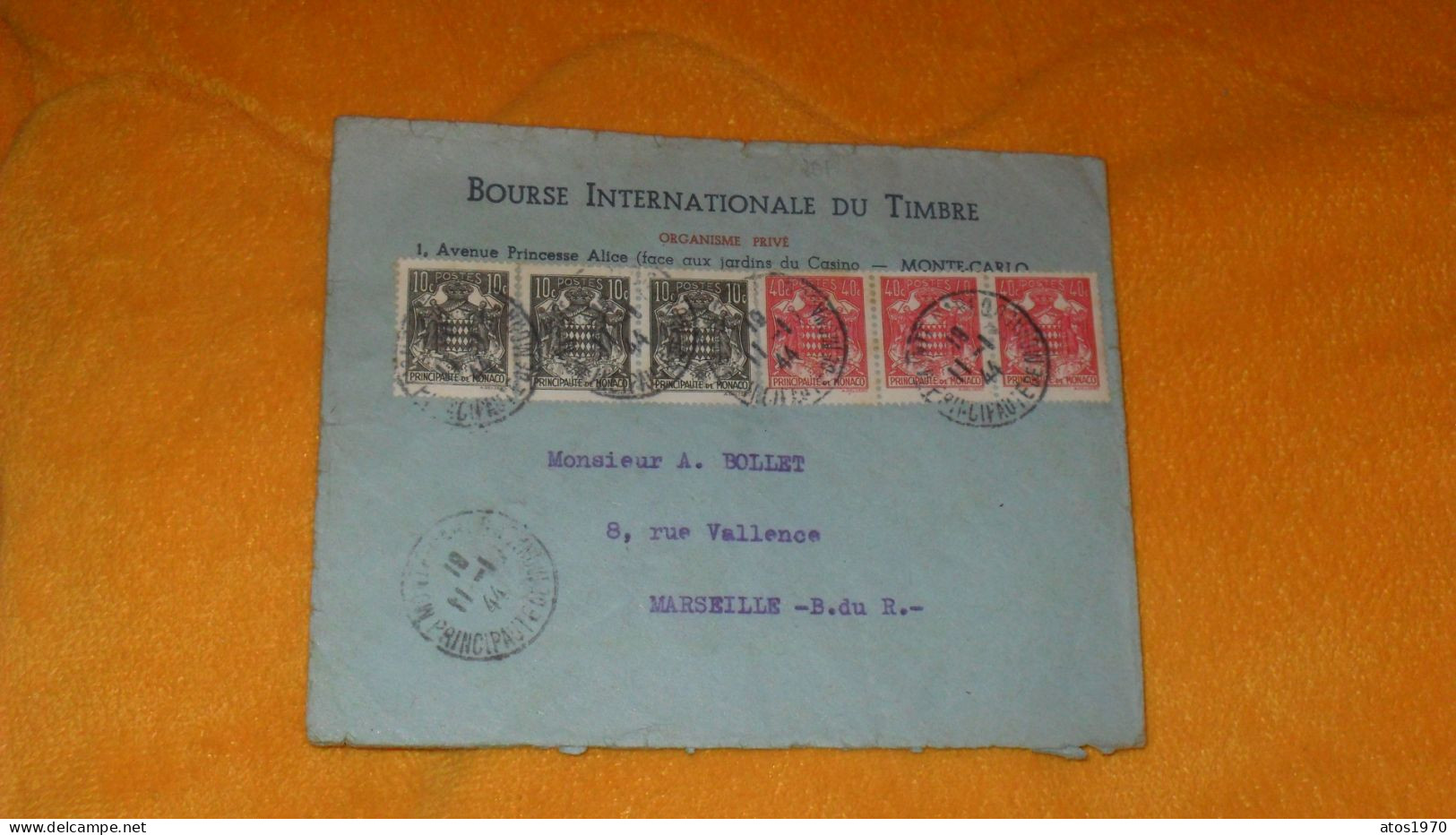 ENVELOPPE ANCIENNE DE 1944../ BOURSE INTERNATIONALE DU TIMBRE MONTE CARLO..POUR MARSEILLE..CACHETS + TIMBRES X6 - Marcofilia