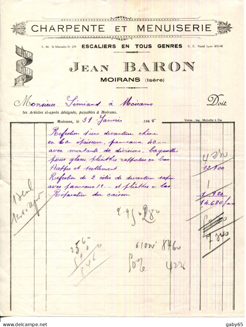 FACTURE.38.ISERE.MOIRANS.CHARPENTE & MENUISERIE.ESCALIERS EN TOUS GENRES.JEAN BARON. - Straßenhandel Und Kleingewerbe