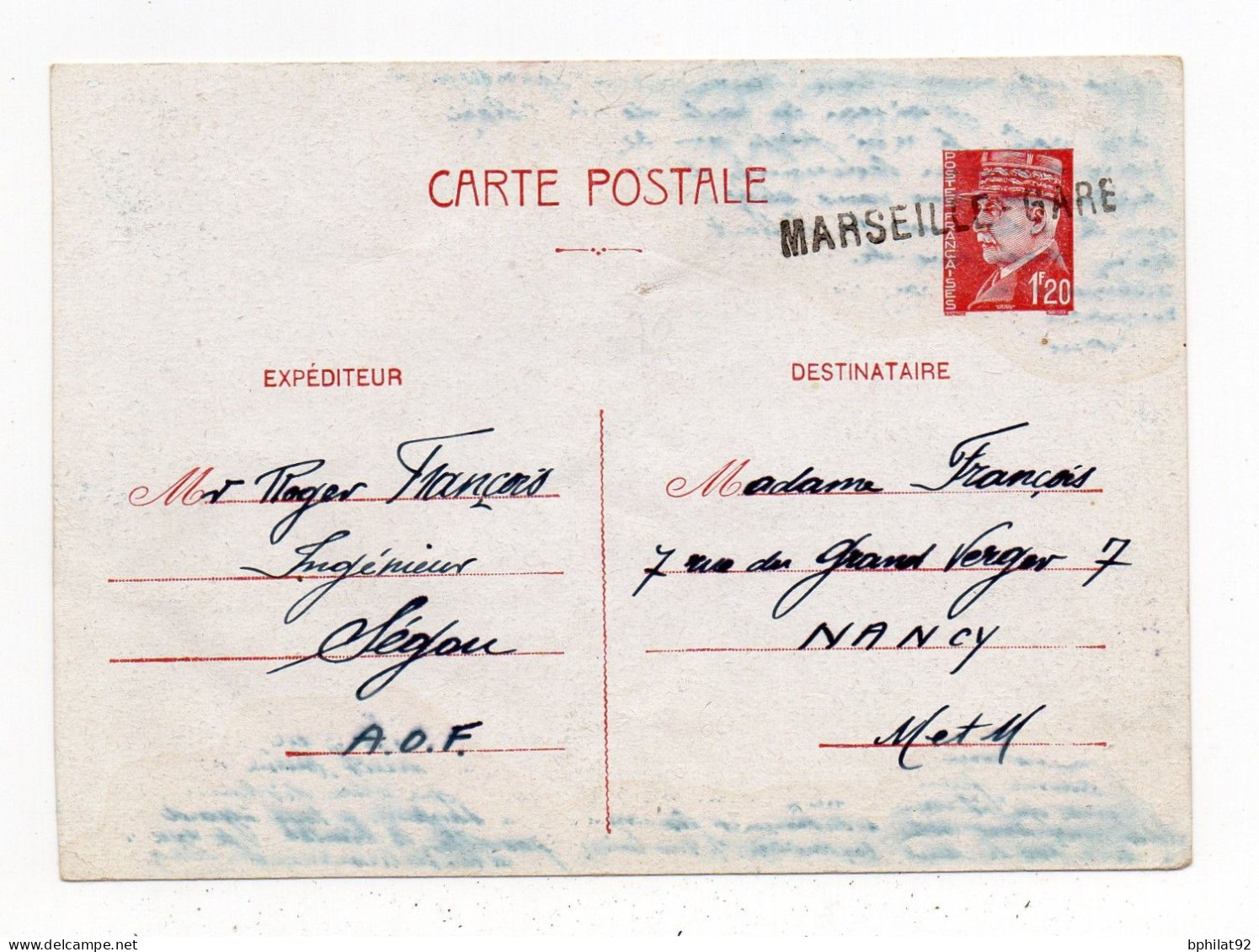 !!! ENTIER POSTAL PETAIN DE SEGOU - AOF POUR NANCY, VIA MARSEILLE - Lettres & Documents