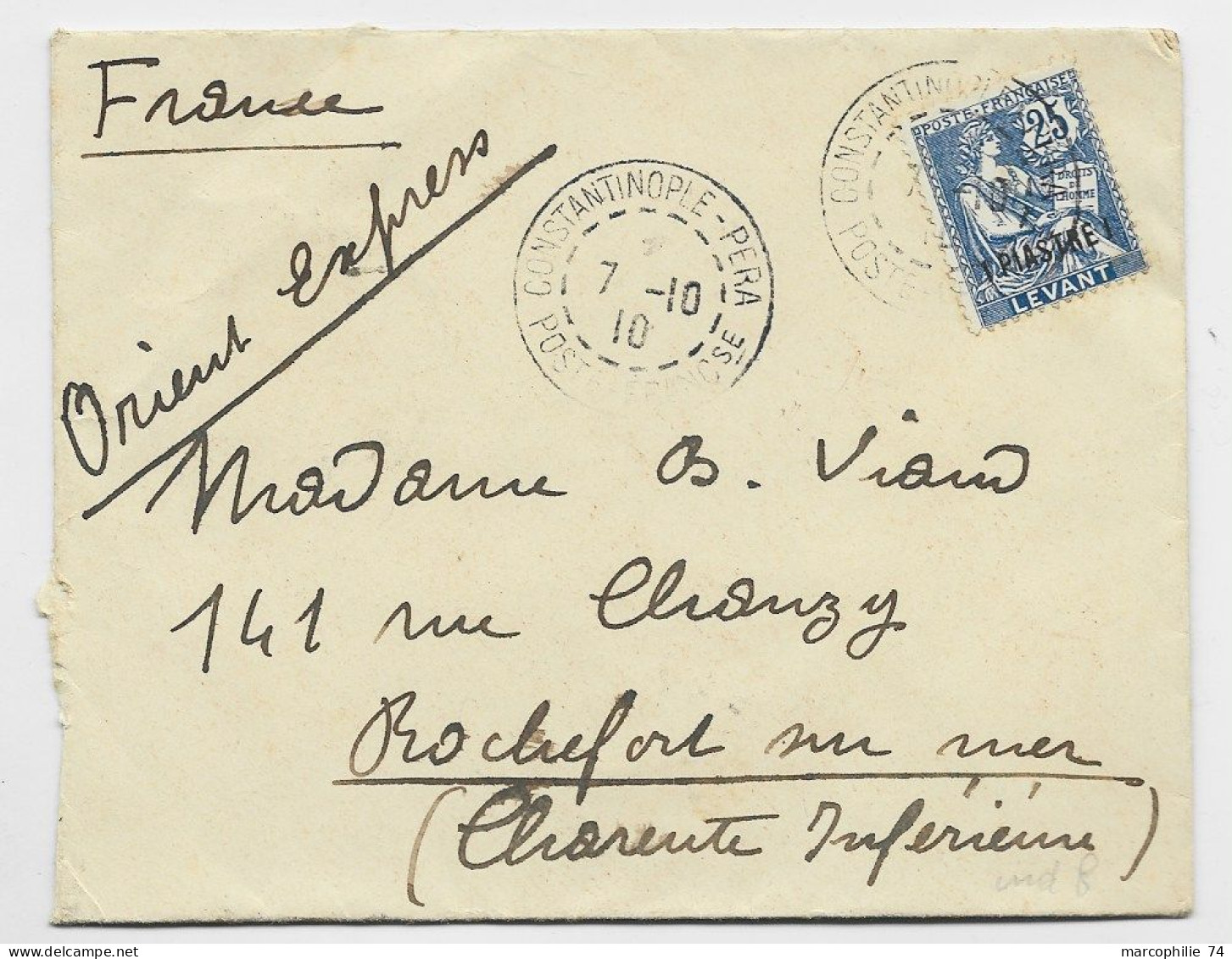 LEVANT 25C MOUCHON LETTRE COVER CONSTANTINOPLE GALATA 7.10.1910 POSTE FRANCse POUR MME VIAUD LOTI  FRANCE ORIENT EXPRES - Lettres & Documents