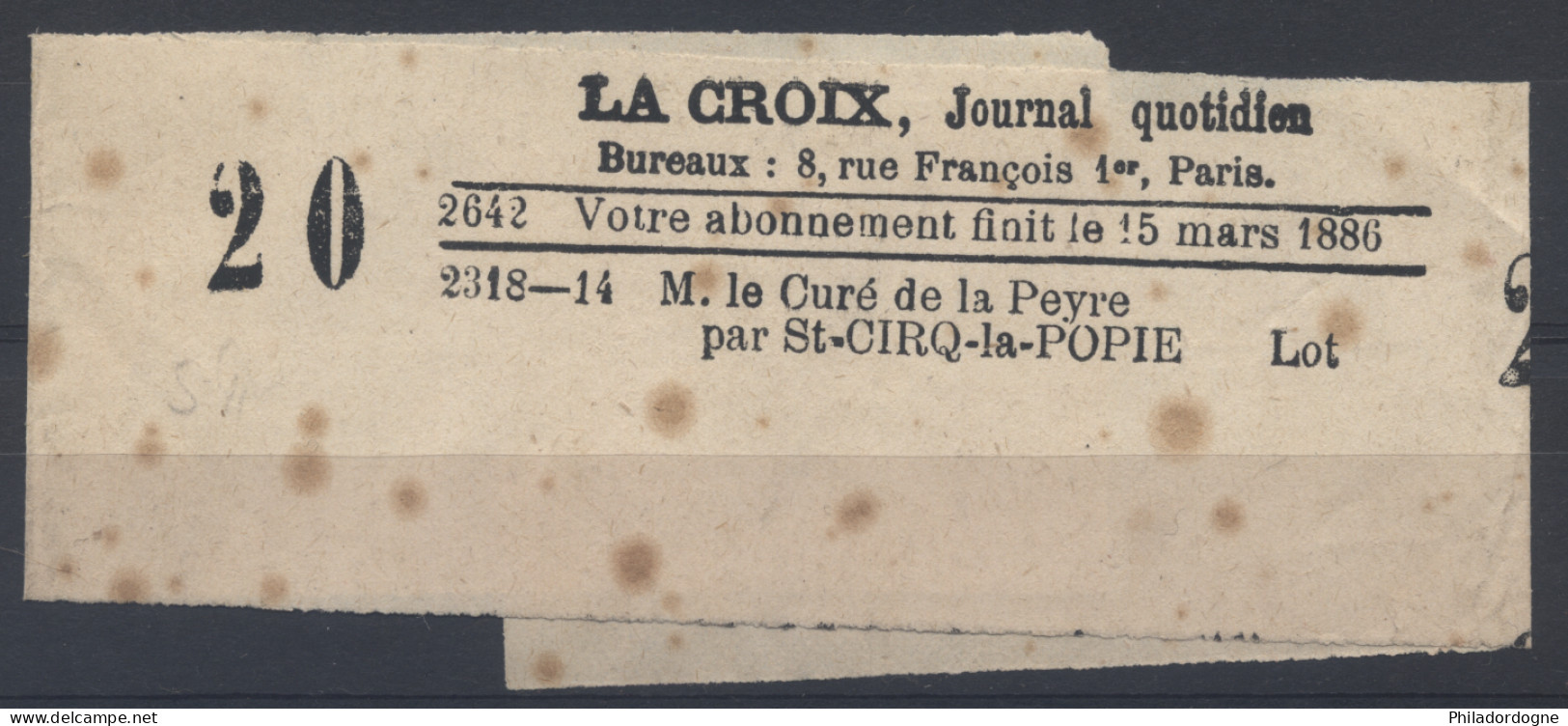 France - Bande Pour Journal La Croix Par St Cirq La Popie Lot 1885 Obl. Journaux Paris PP 44 - Kranten