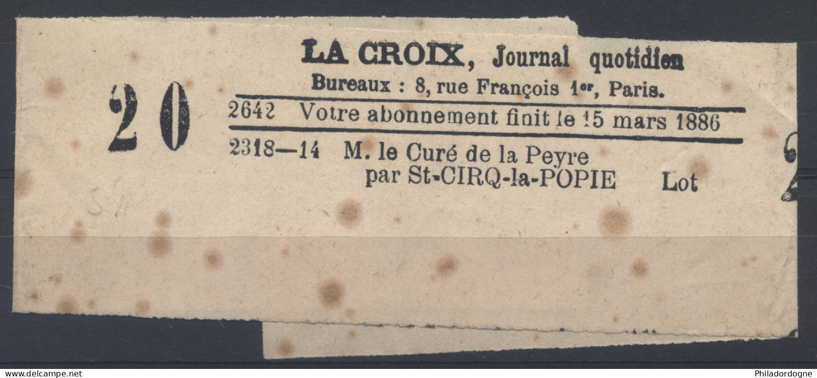 France - Bande Pour Journal La Croix Par St Cirq La Popie Lot 1885 Obl. Journaux Paris PP 44 - Journaux